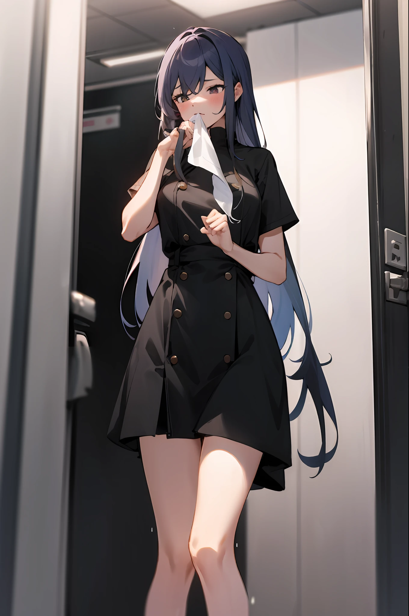 1 girl with long hair and dress,1 girl is taking to lavatory,looks away,are standing,embarressed,Be red in the face,Keep one's mouth shut,street corner(girl is peeing self:0.4),huge tit,The kinky is exposed