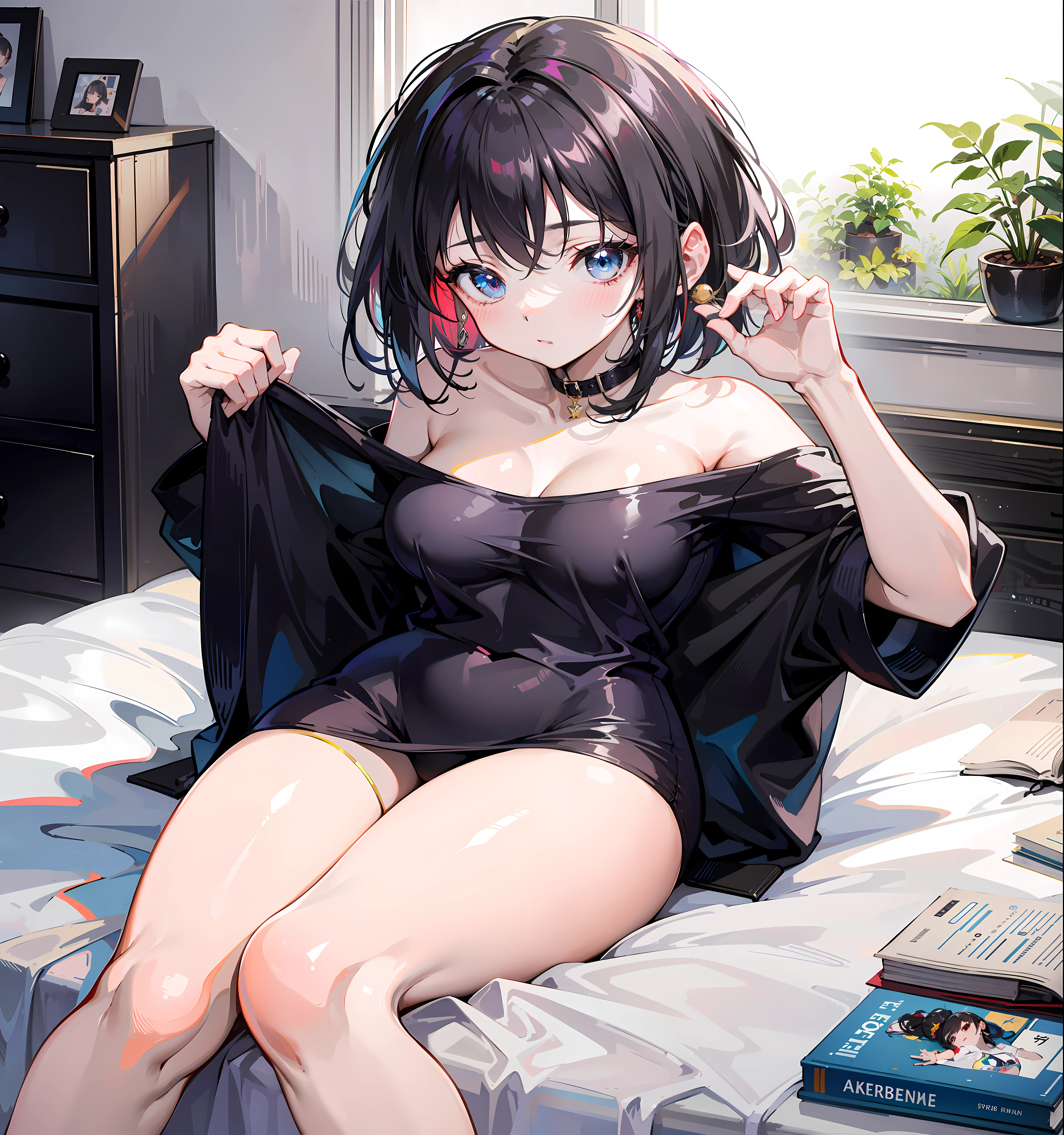 Long black straight hair,Princess cut hairstyle,Lying on her back in bed,Modern bedroom,Top-down view,Super refined,with a well-proportioned body,looking at book,Coordination of the five senses,Beautiful looks,Beautiful eyes,Wide T-shirt,White color blouse,Slender and well-proportioned legs,s girl,Clothes pulling,is shy,Be red in the face,Avoid staring,Exquisitely,16k,best qualtiy