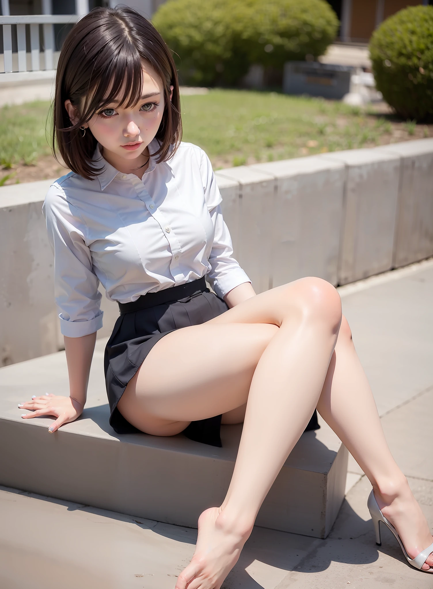 Best quality, full body portrait, delicate face, pretty face, 25 year old woman, slim figure, small bust, OL uniform, office clothes, black stockings, outdoor scene, sitting position