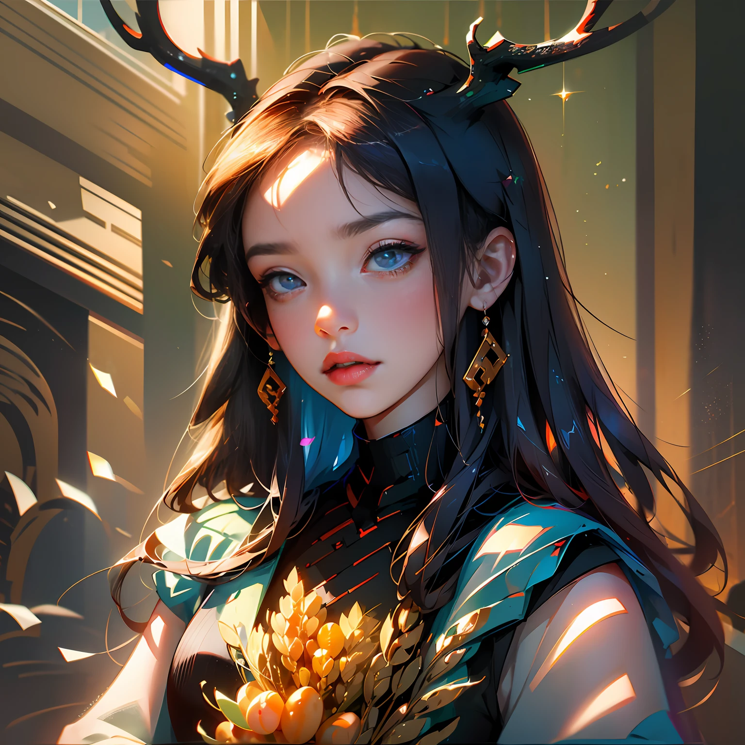 streaked hair, brown hair, ahoge, green hair, bangs, braided ponytail, low twin braids, wavy hair, multi-tied hair, hairpin, hairclip, hairband, bell, antlers, heart-shaped eyewear, x hair ornament, red hairband, mole under eye, heart-shaped pupils, eyeball, aqua eyes, gradient eyes, yellow eyes, heart earrings, laughing, naughty face, Tonalism, film grain, column lineup, from outside, blind box toy style, best quality, anatomically correct, masterpiece --auto