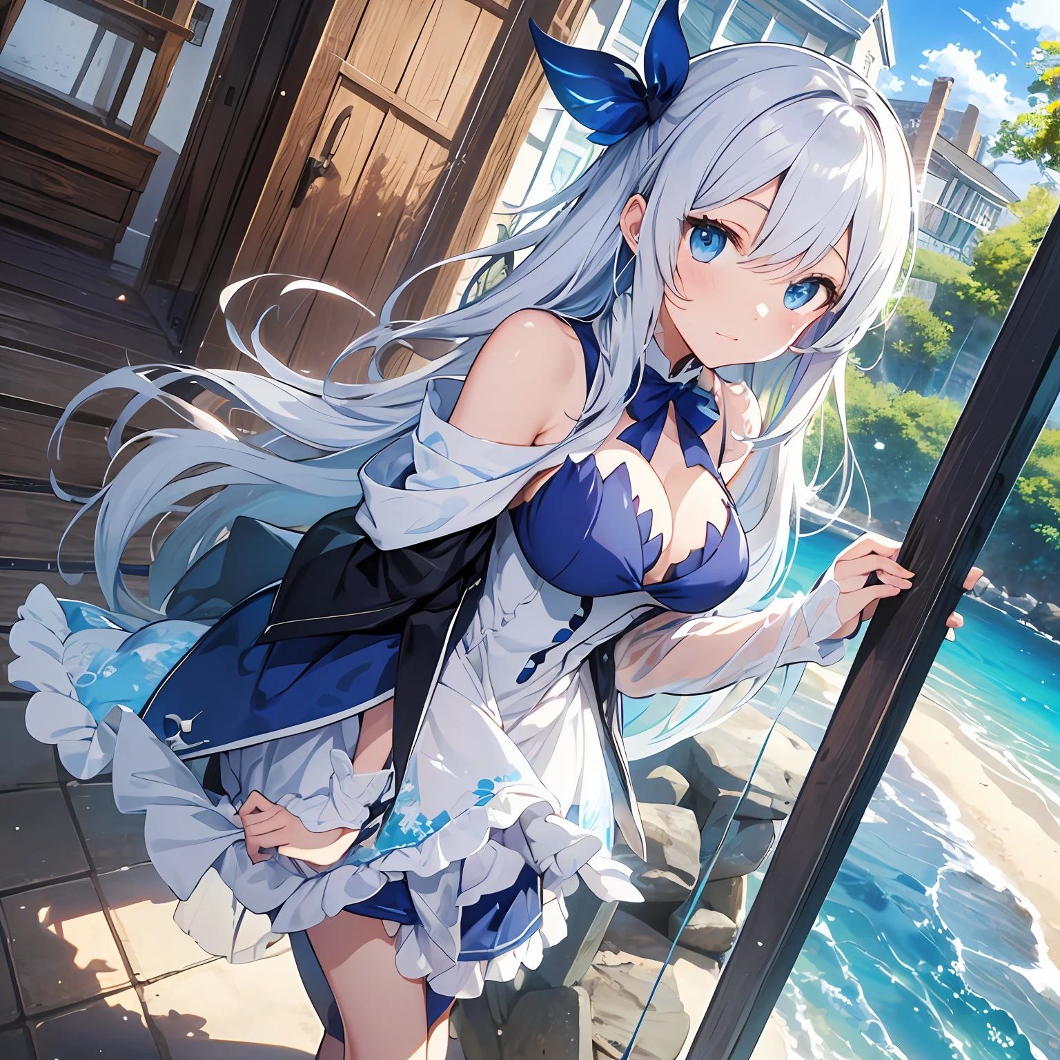 (top-quality、8K、masutepiece))Anime characters with long gray hair and blue eyes、anime visual of a young woman、Today's featured anime stills、white haired god、Official art、Anime visuals of cute girls、popular isekai anime、Tsuaii、Marisa Drizzle、Animated Movies、Still from TV anime、in isekai、hestia、albedo from the anime overlord Transparency Sexy white and blue dresses Beautiful beach a miniskirt