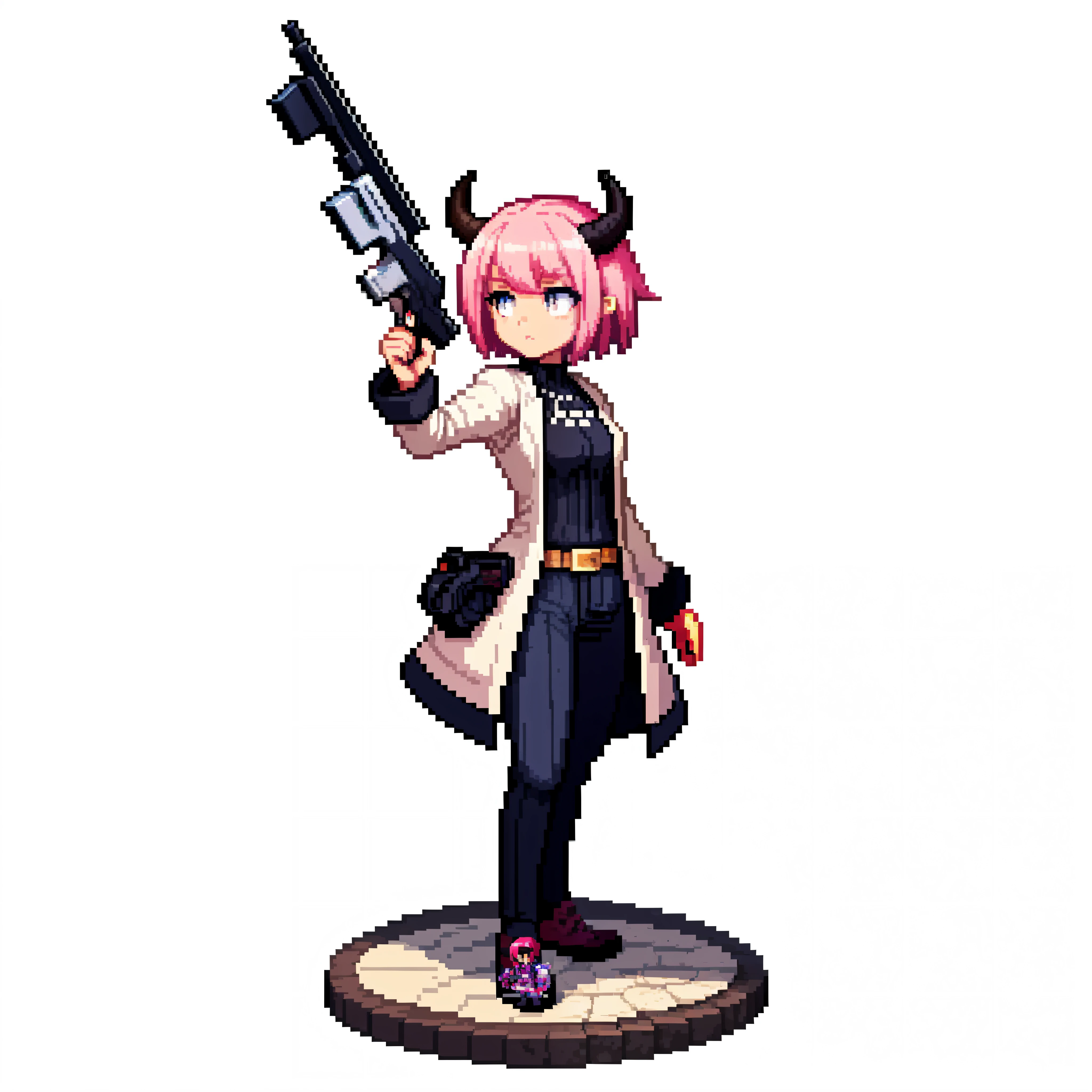 (masterpiece, top quality, best quality), pixel,pixel art,(1girl),full body,white background, short hair, pink hair, one horn, dynamic pose, holding gun, black clothes