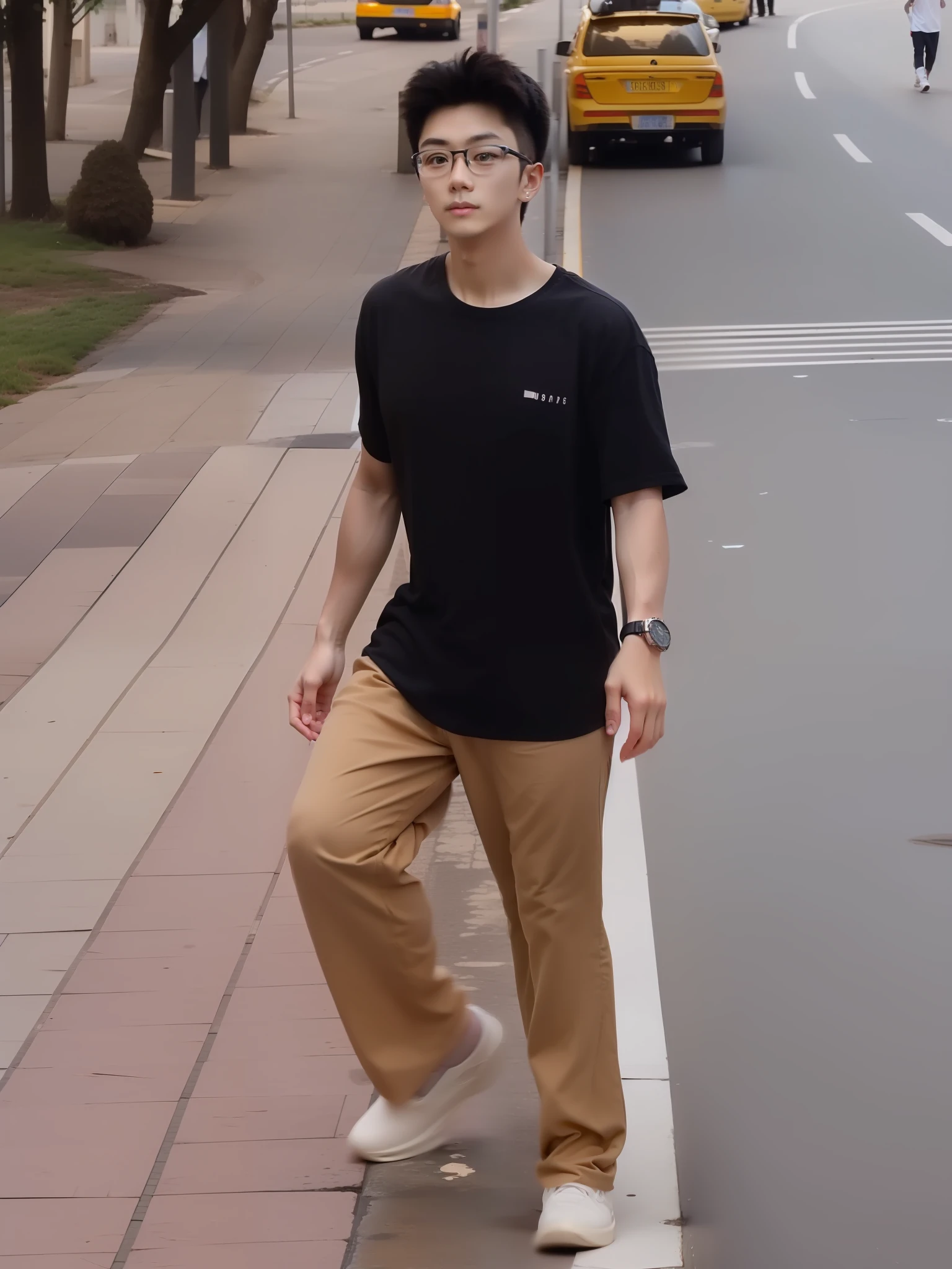 The teenager walked on the road，The right foot hangs in the air and does not land，Wearing a black and white watch，Wearing glasses，Handsome guy with long hair and long face，high qulity，tmasterpiece，Need