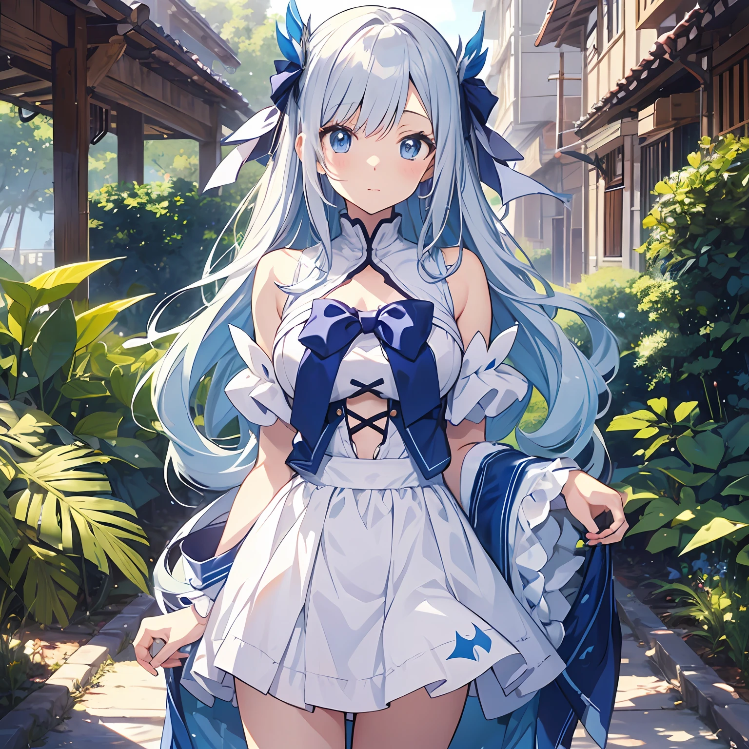 (top-quality、8K、masutepiece))Anime characters with long gray hair and blue eyes、anime visual of a young woman、Today's featured anime stills、white haired god、Official art、Anime visuals of cute girls、popular isekai anime、Tsuaii、Marisa Drizzle、Animated Movies、Still from TV anime、in isekai、hestia、albedo from the anime overlord　Transparency　Sexy white and blue dresses　Beautiful beach　a miniskirt