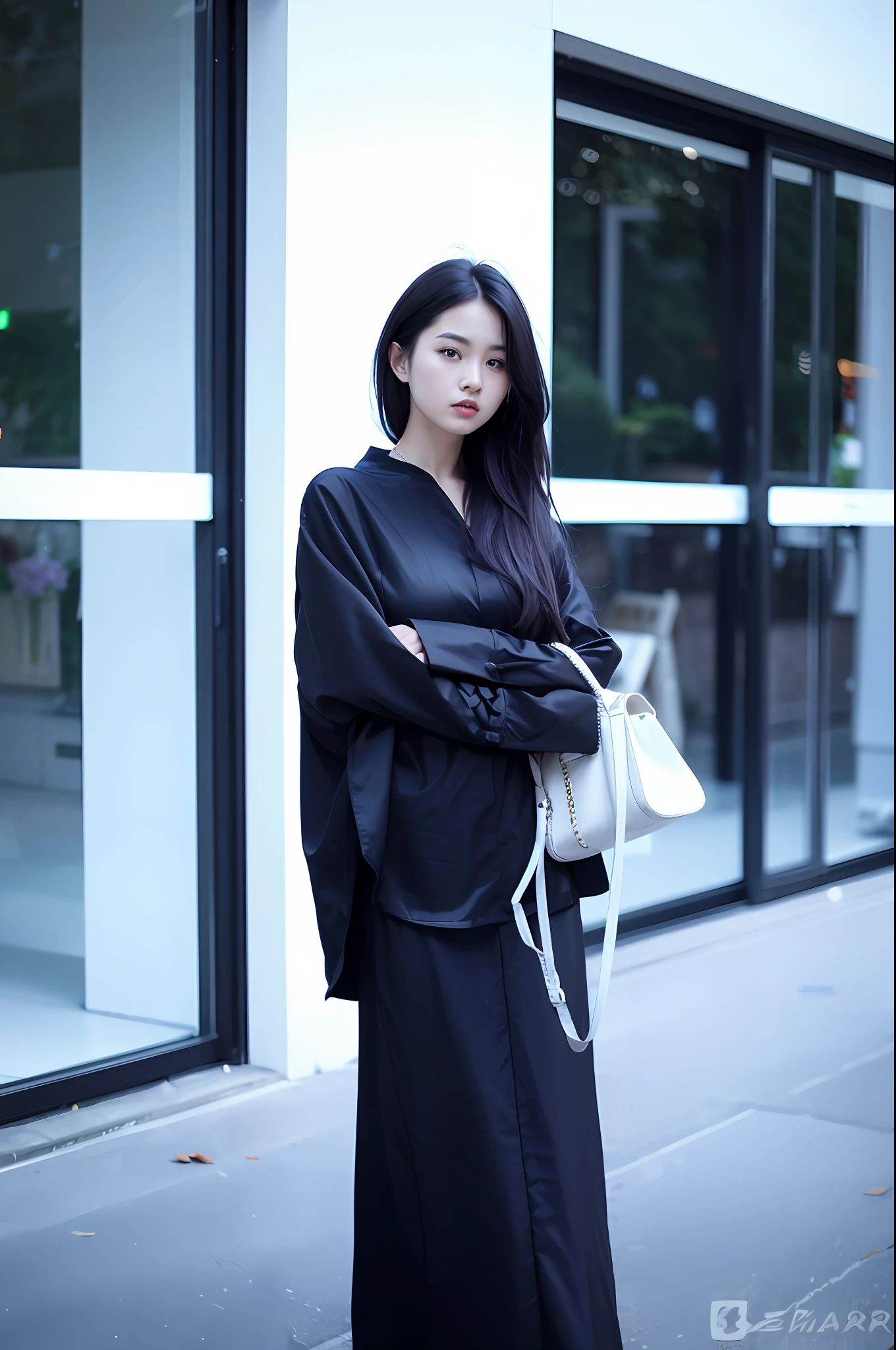 Alaf, dressed in a black dress and white bag, stood outside, wearing dark silk, wearing black modern clothes, wearing black silk robe, black oversized clothes, wearing black clothes, wearing black clothes, wearing dark silk robe, wearing black stylish clothing, wearing black, With black, inspired by Wang E, dressed with long fluent clothes, ji-min, wearing black silk robe