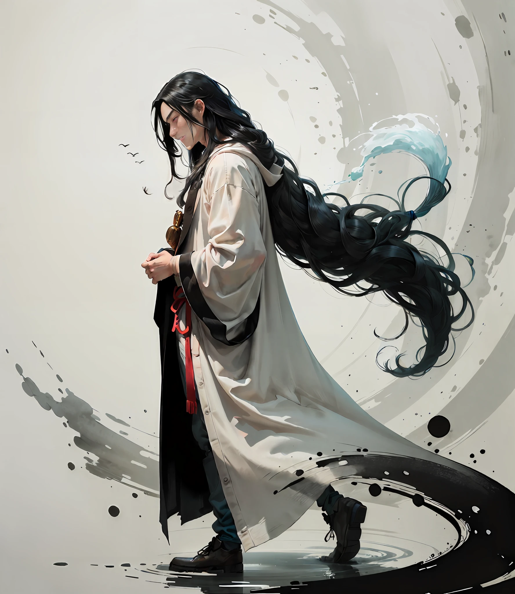 (A boy with long black hair:1.2)，Go beyond ultra-clarity，Sven is extraordinary，Details come first，ink wash style，long and flowing hair，raiden，mont，steins，long white robe