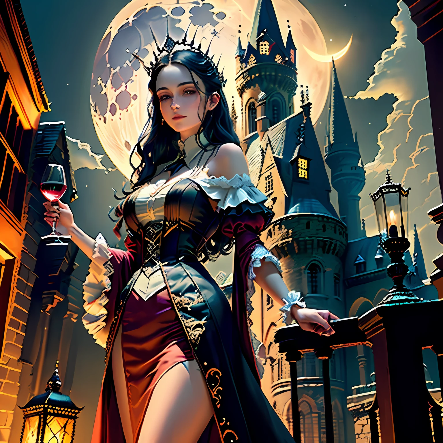 Interior of a medieval castle,Red-black roses cling to walls and window edges,Outside the huge window is a dull dark night with a blood moon,The curtains are half-hidden,Swarms of black bats fly outside the window,The proud and handsome male vampire in a burgundy suit looks out the window,Holding a goblet with red wine,The shadow elongated on the ground