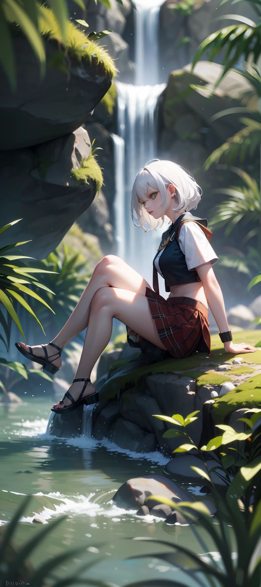(masterpiece:1.3), (8k, photorealistic, RAW photo, best quality: 1.4), negative_hand-neg, negative_hand,
Detailed, Extremely Detailed, Ambient Soft Lighting, 4K,Blurry, Blurry Background, Depth of Field, Bokeh, DOF, Fog, Bloom, (landscapes)
Outdoors, (Nature, tropical forest:1.2), (Rocks:1.2), Mountais, Plants, (waterfall), ((a white hair girl sitting on a rock snout))