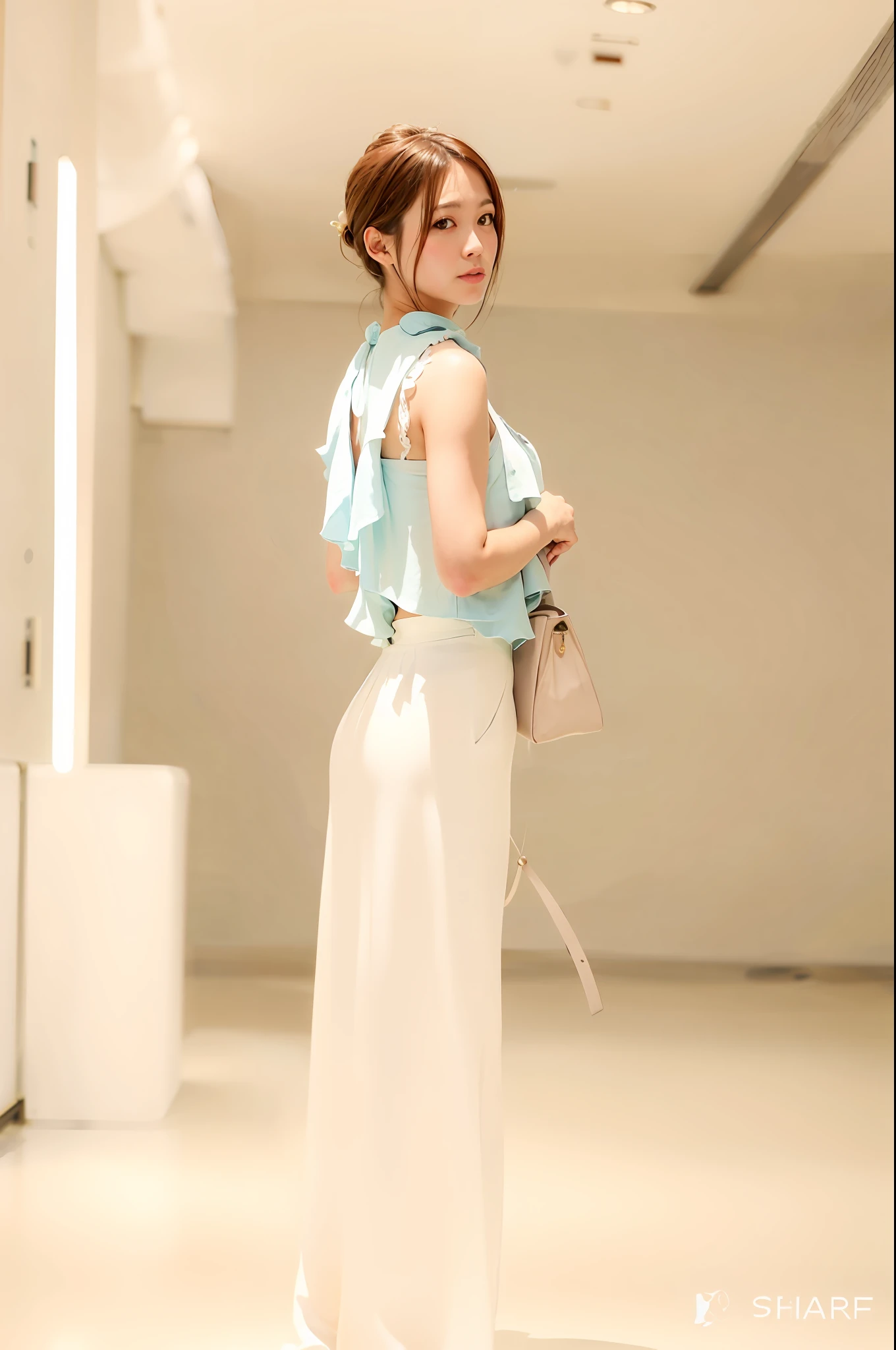 An Arapei woman in a white dress and blue blouse stood in the room, shaxi, tiffany style, Cute:2, light blues, pastel', pale-blue, Sky blue, feminine in cute pastel shades, style of yoshii chie, author：Kikukawa Sakaeyama, Pale blue, White!!, Beautiful image, pale blue outfit