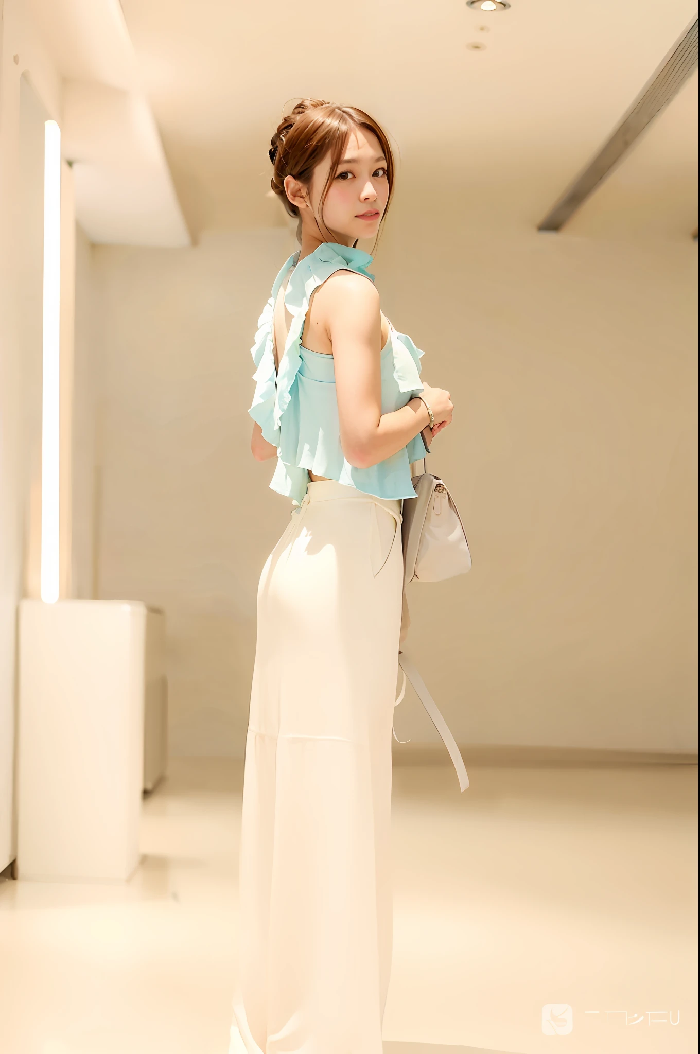 An Arapei woman in a white dress and blue blouse stood in the room, shaxi, tiffany style, Cute:2, light blues, pastel', pale-blue, Sky blue, feminine in cute pastel shades, style of yoshii chie, author：Kikukawa Sakaeyama, Pale blue, White!!, Beautiful image, pale blue outfit