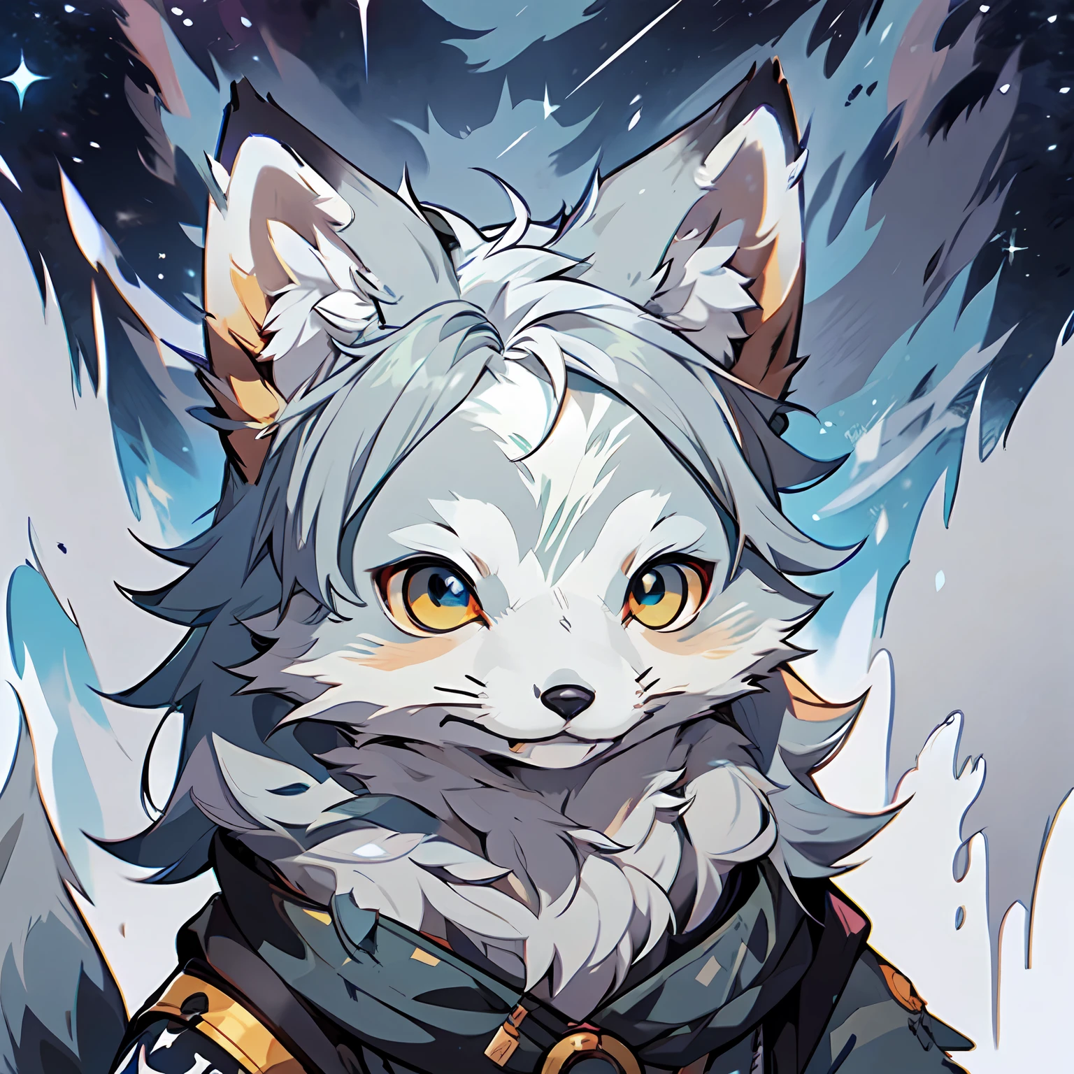 a sticker,Handbook,Round badge,(a sticker),(hairy pubic), Hairy all over,Furry,Furry,Anthropomorphic fox,Orc symbaroum,(Male arctic fox:1.5), (gray colored skin:1.3), (Gray fur:1.3),(Golden-colored eyes),Detailed eyes, ((Canine paws)),(grey ears),Sharp focus,(The furry feeling of animal ears),Q version,aquarelle,white backgrounid, simple backgound,Petite characters,adolable,vectorstyle,((starryskybackground))