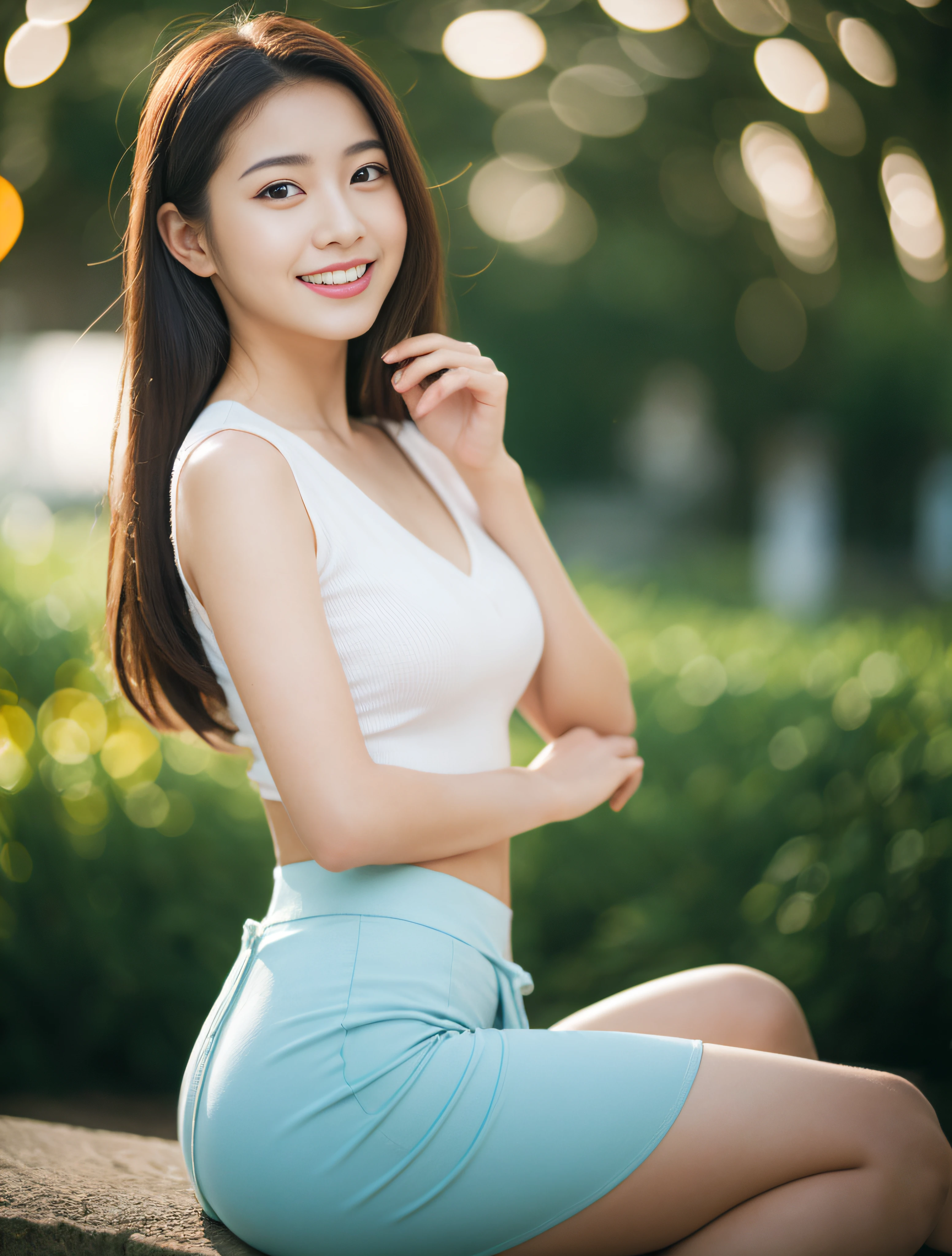 500R、((Sitting Woman))、Bright background、​masterpiece、beste-Qualit、ultra detali、A high resolution、highly detaile、8k UHD、(fidelity、fidelity:1.5)、realisitic、(natural lightting)、(bokeh dof:1.5)、(depth of fields)、Bokeh background、astonishing、finely detail、supreme、hightquality、RAW Photography、pureerosface_v1、(Photorealistic, RAW photo, Real human face, Real human face skin, real person), 8k, Perfect human body, 18yearsold, tall girl, slim body, small breasts, looking at this with pure love eyes with cute smile, no makeup, beautiful white skin, real human clear eyes, most beautiful face, movie lighting, Japanese beautiful girl, wearing a shirt and put on tight skirt, can see her small butt out this side, 1girl