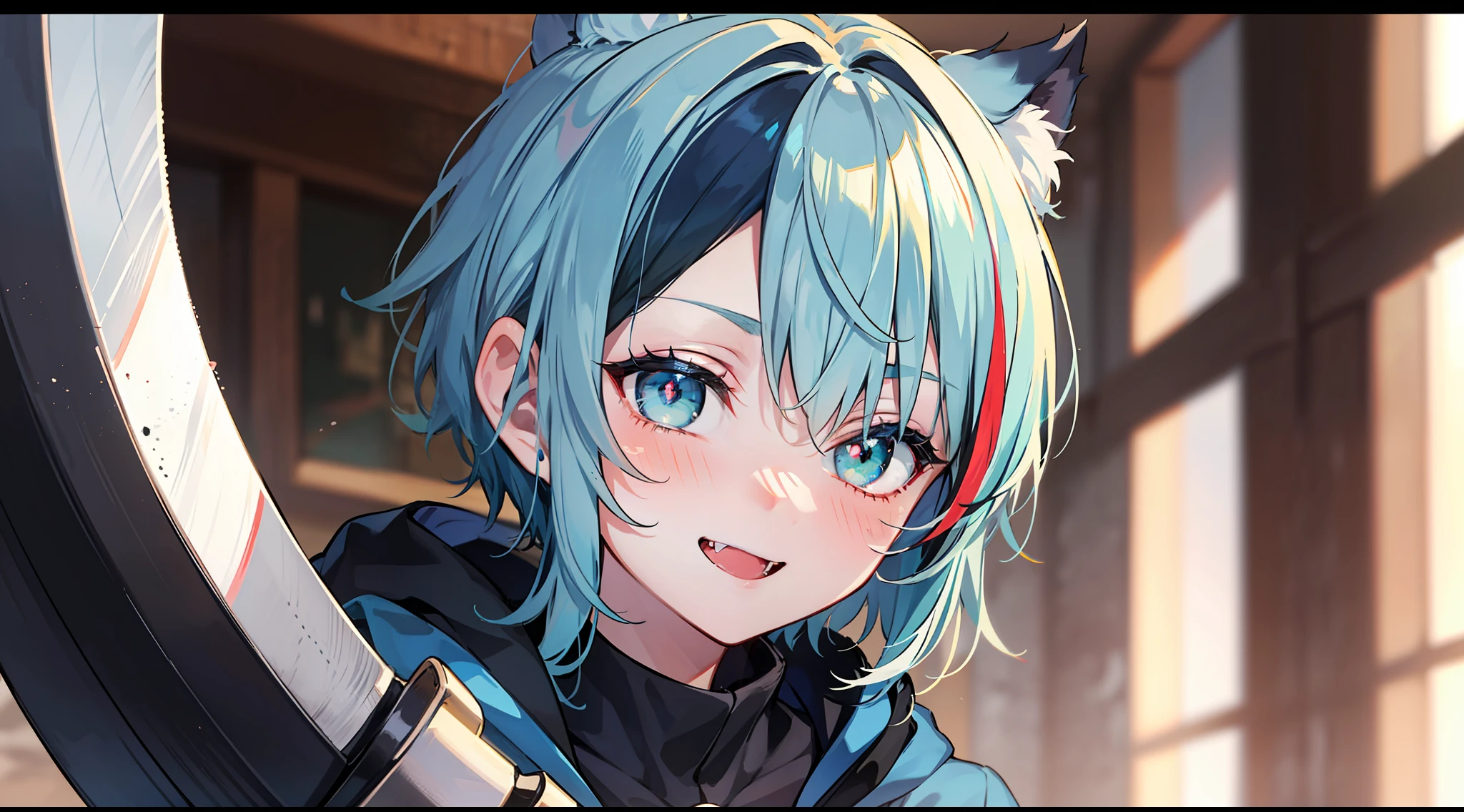 Black and blue coat, Ultra shorts, Blue and white hair with short dye, Dark green pupils, Carrying a giant sword one man tall, Standing drawings of characters, streaked hair, colored inner hair, blue hair, short hair, crazy eyes, evil smile, seductive smile, fang, full-face blush, tachi-e, blurry foreground, cut-in, Eye-Level Shot, f/4.0, Fujifilm, 85mm, depth of field, anime, textured skin, anatomically correct, ccurate, HD, award winning, high details, super detail