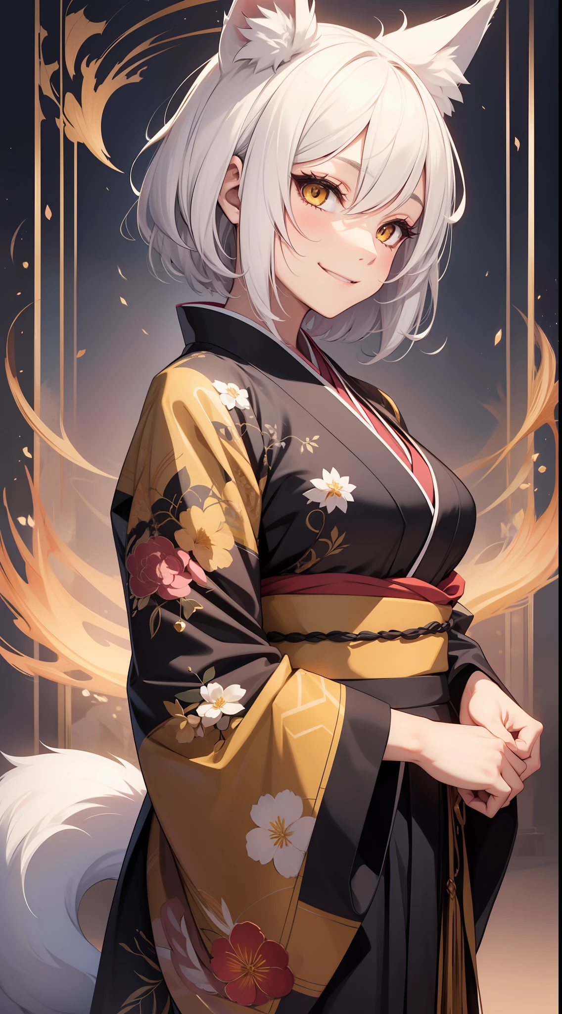 Adult woman, Short white hair, fox ears, fox tails, golden eyes, black sclera, kimono, a smile, Masterpiece, highly quality