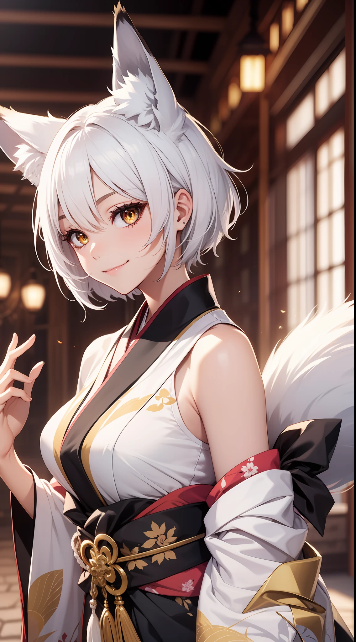 Adult woman, Short white hair, fox ears, fox tails, golden eyes, black sclera, kimono, a smile, Masterpiece, highly quality