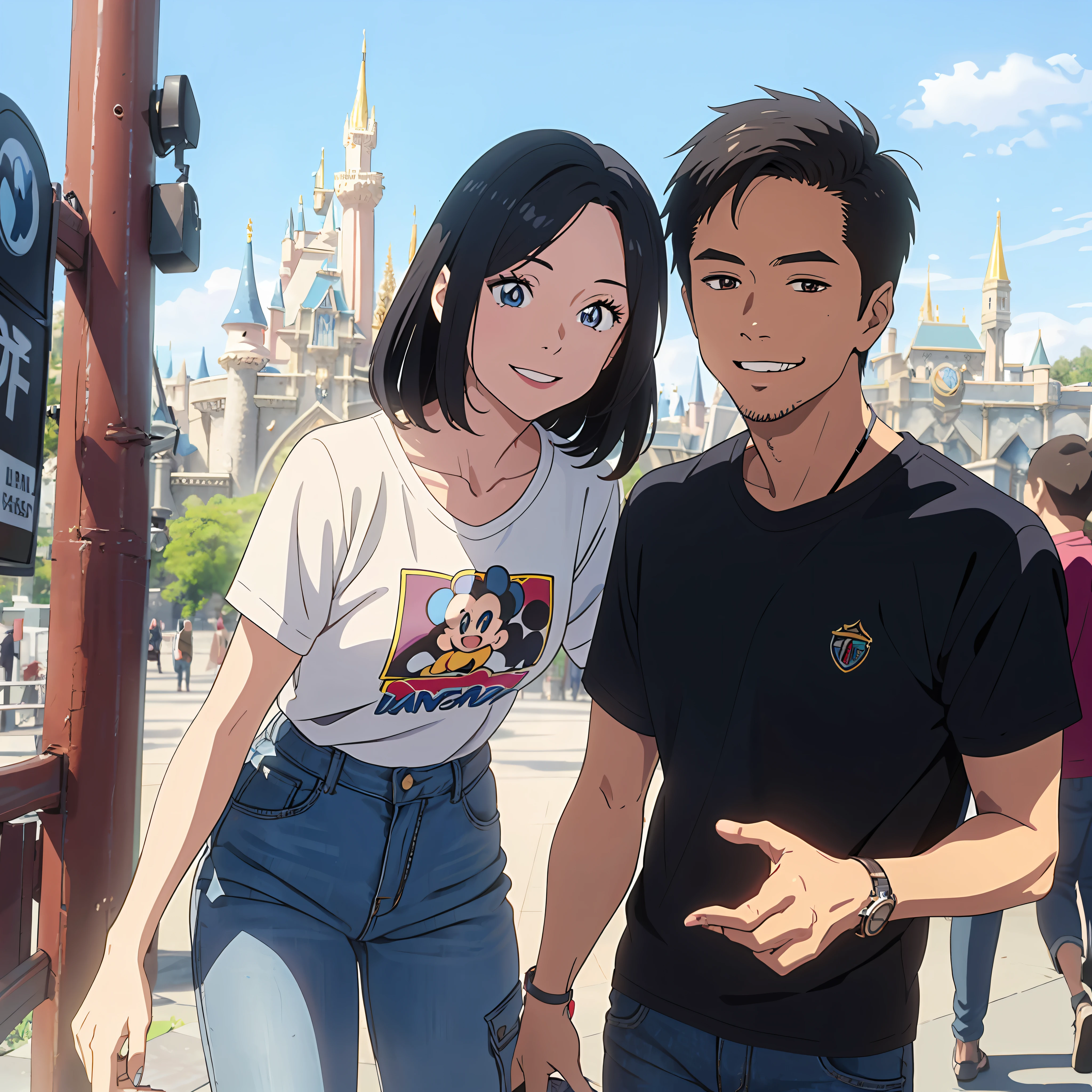 Anime, background must Disneyland castle, low hight cute man who is wearing short blue T-shirt, and black cargo pants, tall height girl who is wearing black sexy shirt with blue jeans. They smile and they are taking picture of their faces --auto