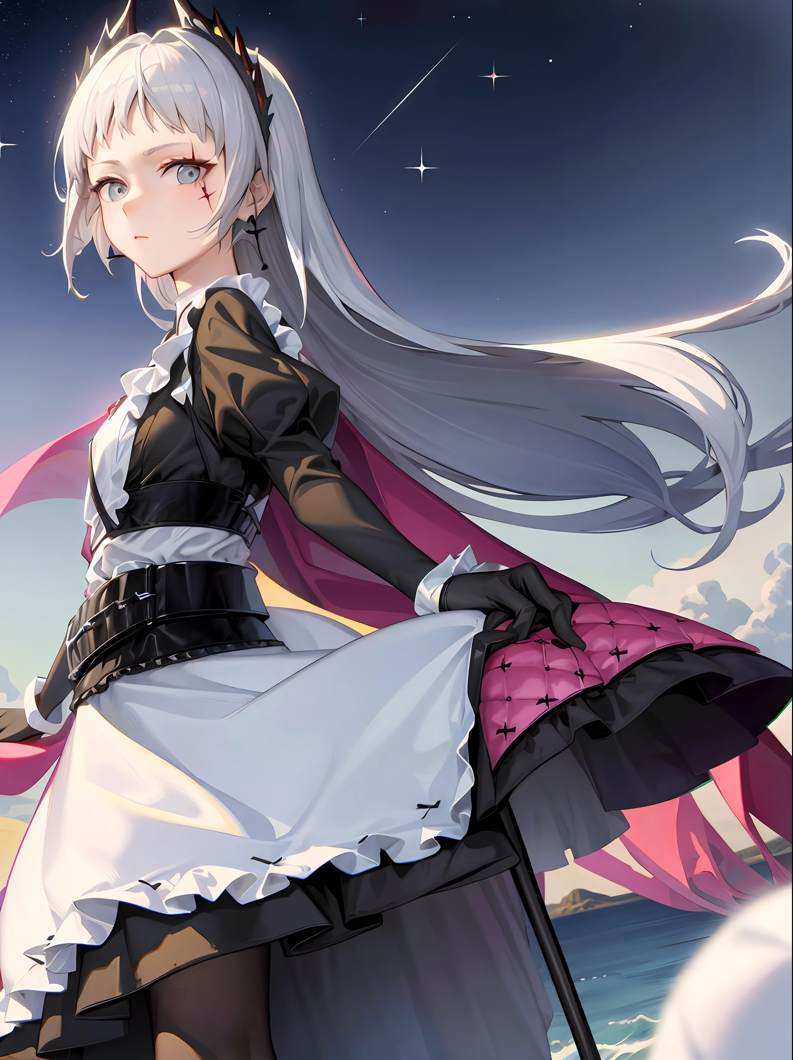 Anime Female White Hair Sea Dark Black Tone Starry Sky