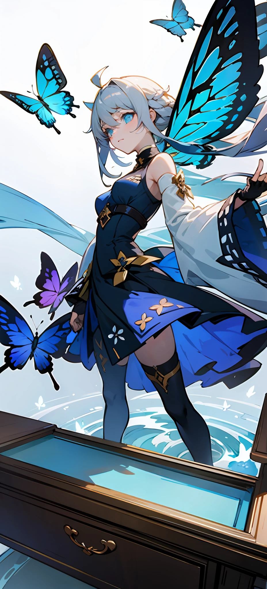 21charturnerv2,charturnbetalora,shinkai makoto,kimi no na wa.,(Overhead view),dynamic angle,ultra-detailed, illustration, close-up, straight on, 1girl, (fantasy:1.4), (azure blue eyes:1.233),Her eyes sparkled like dreamy stars，（glowing light eyes：1.233），（beautiful and detailed eye：1.1），（Silvery hair：1.14），（messy  hair，Very long hair，french braid，hair between eye，Lateral hair），（+ (Blue hairy flowers:1.14),(chiffon dress,Blue flower pattern uniform)/=(army suit:1.24),(Remove sleeves,Wide sleeves),(Fingerless gloves),choker,(miko thighhighs),High-heeled boots，（face expressionless，Keep your mouth shut），（are standing），（Classical princess boudoir，Dressing table and floor-to-ceiling windows，White ancient palace），（flor branca，blooms），（abyssal），（Flowing water），（Dark blue world tree:1.14),(ruins),(night:1.2),dreamy,soul,(fluorescent),(Flying translucent blue butterfly:1.15),[[Delicate fingers and hands:0.55]::0.85],(Finger details) ,(yubao:0.5),White background,full bodyesbian,Blue Themes,gold background,huge tit，Pure，Ruffle your hair，Stand under the stars