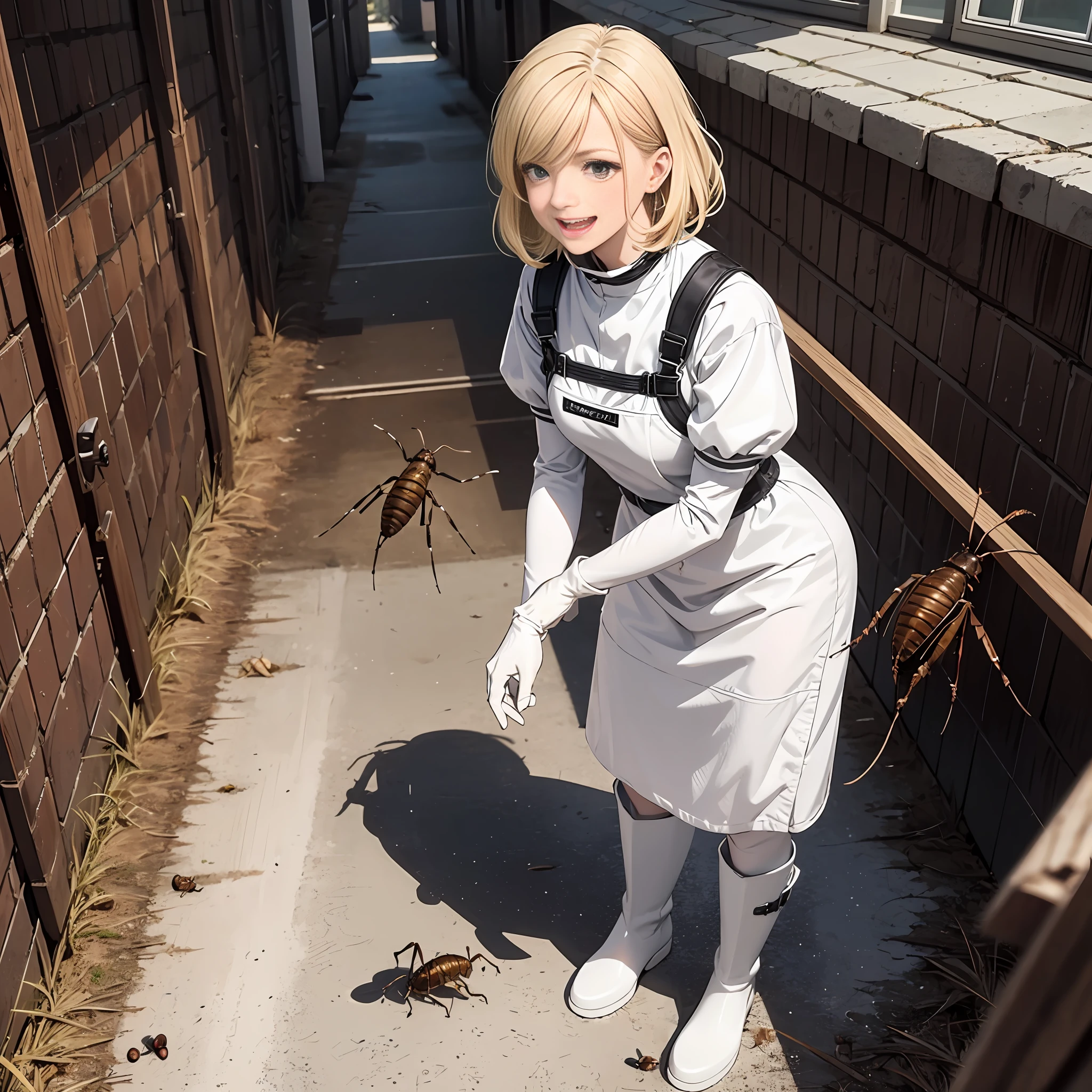 (masutepiece),Best Quality, Ultra-detailed,Beautiful blonde beautiful girl,White protective clothing、white rubber boots、White rubber gloves,A large amount of small cockroaches on the ground、 Small cockroaches filling the ground,Fighting cockroaches、Get rid of cockroaches、Crushed cockroaches、Splashing cockroach fluids、Standing and trampling、Joyful expression、Look up here、[ 🐛Trampling：1.2]:0.3.