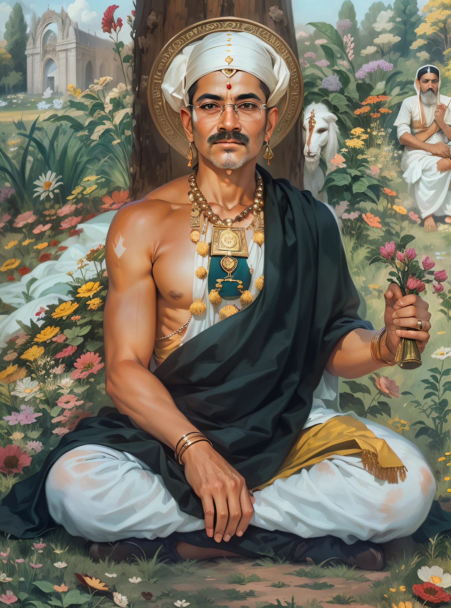 painting of a man sitting in a field, no beard, inspired by Raja Ravi Varma, inspired by Ram Chandra Shukla, ashoka tano, attractive male deity, inspired by Kailash Chandra Meher, by Raja Ravi Varma, szukalski ravi varma, ditigal painting, inspired by Bholekar Srihari, padmasana