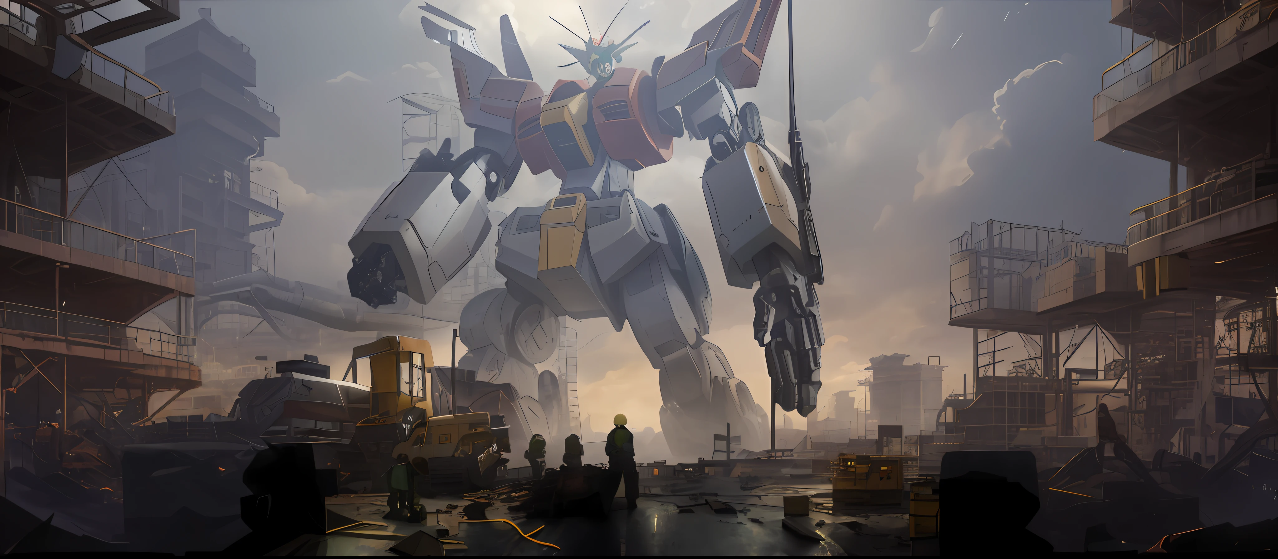 (masterpiece), best quality, ultra-detailed, extremely realistic 8K CG Illustration, features a construction site for the impressive "Gundam Factory" and "Robot Factory" where a giant mecha is being built, some parts are missing, dynamic angle, dynamic lighting, wide shot, futuristic, high-tech, machine, robots, heavy machinery, industrial. Huge industrial space