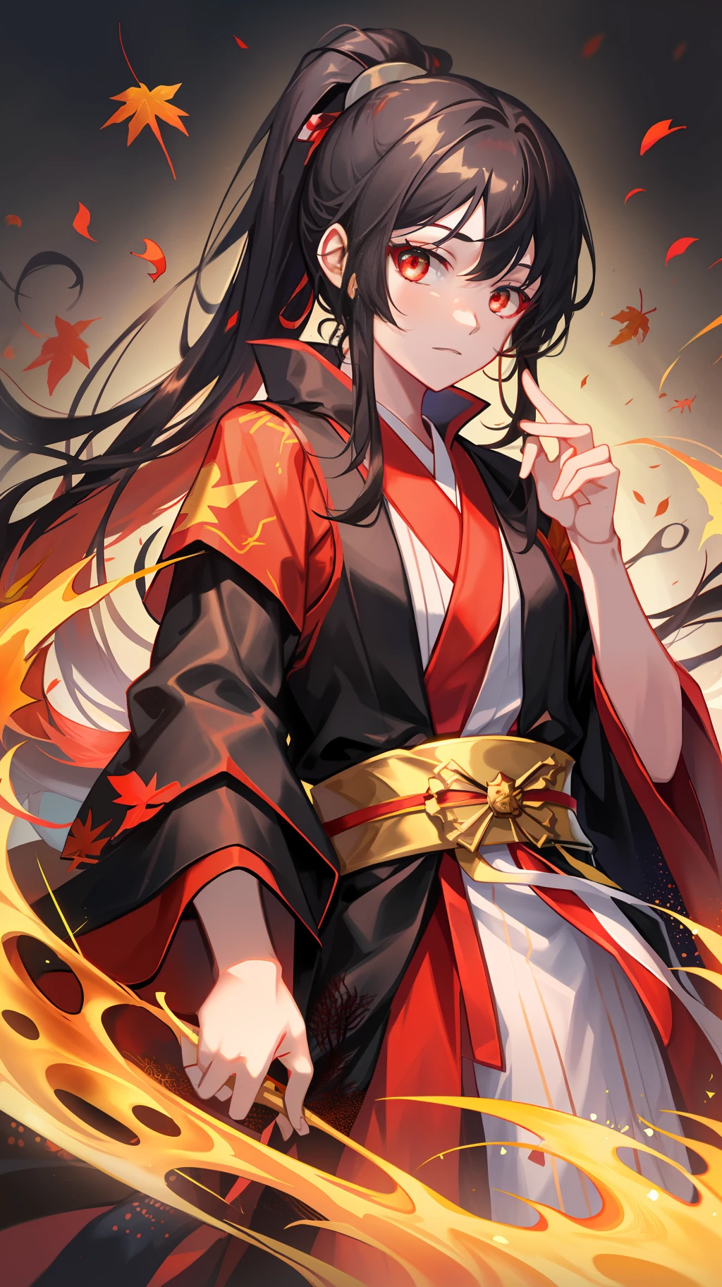 cool guy，robe，Hanfu，Red gradient eyes，High ponytail，Long dark hair，floated hair，Black and red period costume，Dragon-patterned battle robe，Maple leaf background