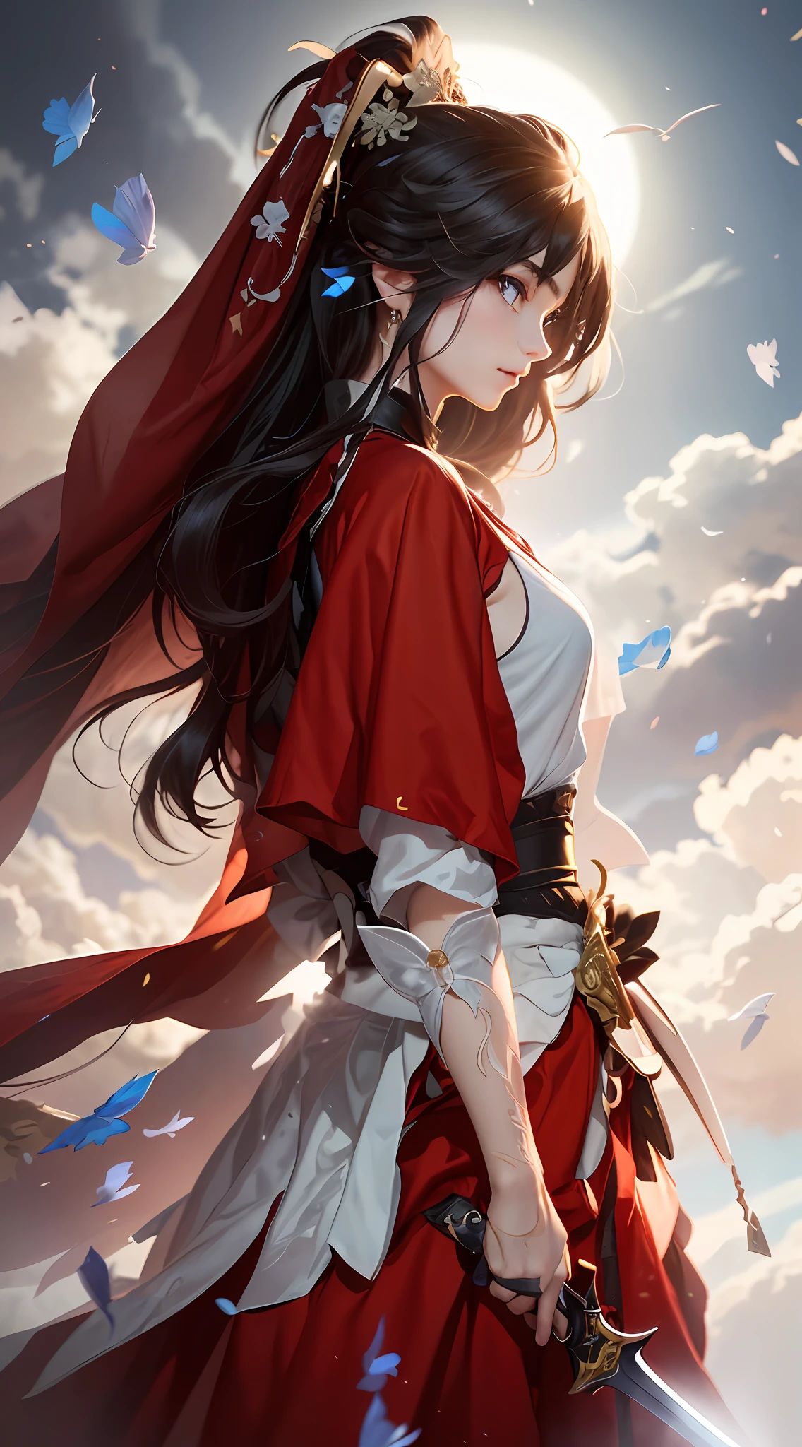 Close-up of a girl holding a sword in a red dress,ancient-style clothing,Black hair and blue eyes。The bright red skirt flutters in the wind,Gripping the hilt of the sword,Determined and determined eyes stared out of the picture。