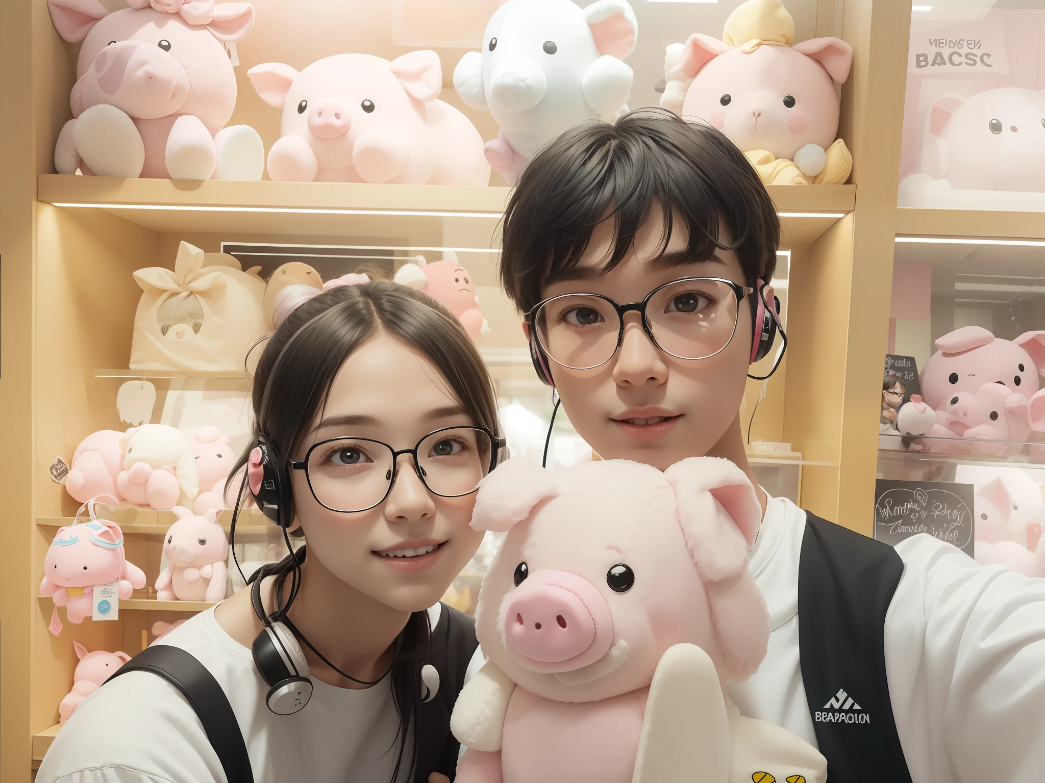 In a plush toy store, there is a boy and a girl. The boy wears glasses while the girl also wears glasses and has headphones hanging around her neck. The boy has messy black hair with a fringe, and the girl has a black bun hairstyle with wispy bangs. They stand close together, holding a pink pig plush toy