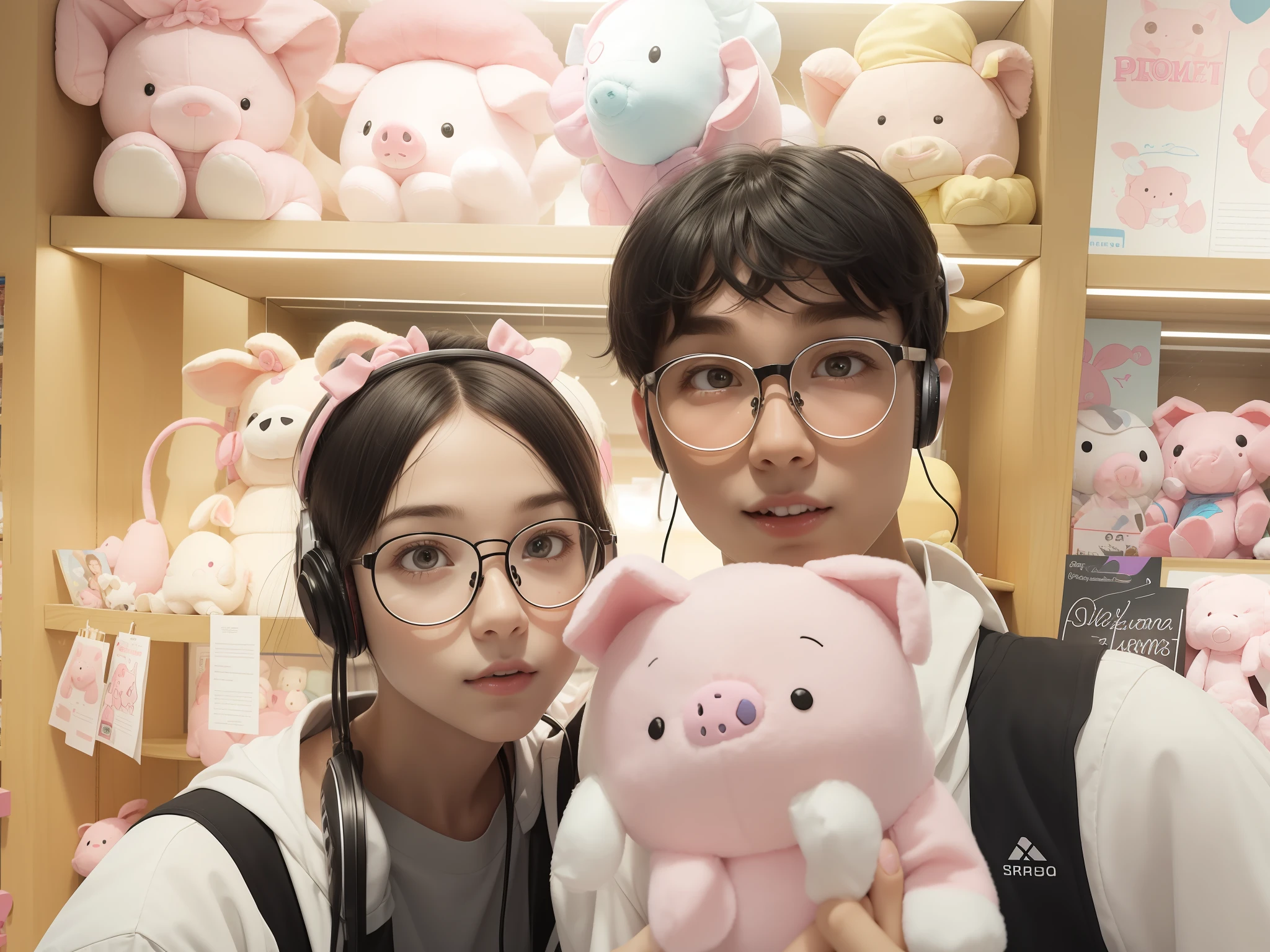 In a plush toy store, there is a boy and a girl. The boy wears glasses while the girl also wears glasses and has headphones hanging around her neck. The boy has messy black hair with a fringe, and the girl has a black bun hairstyle with wispy bangs. They stand close together, holding a pink pig plush toy