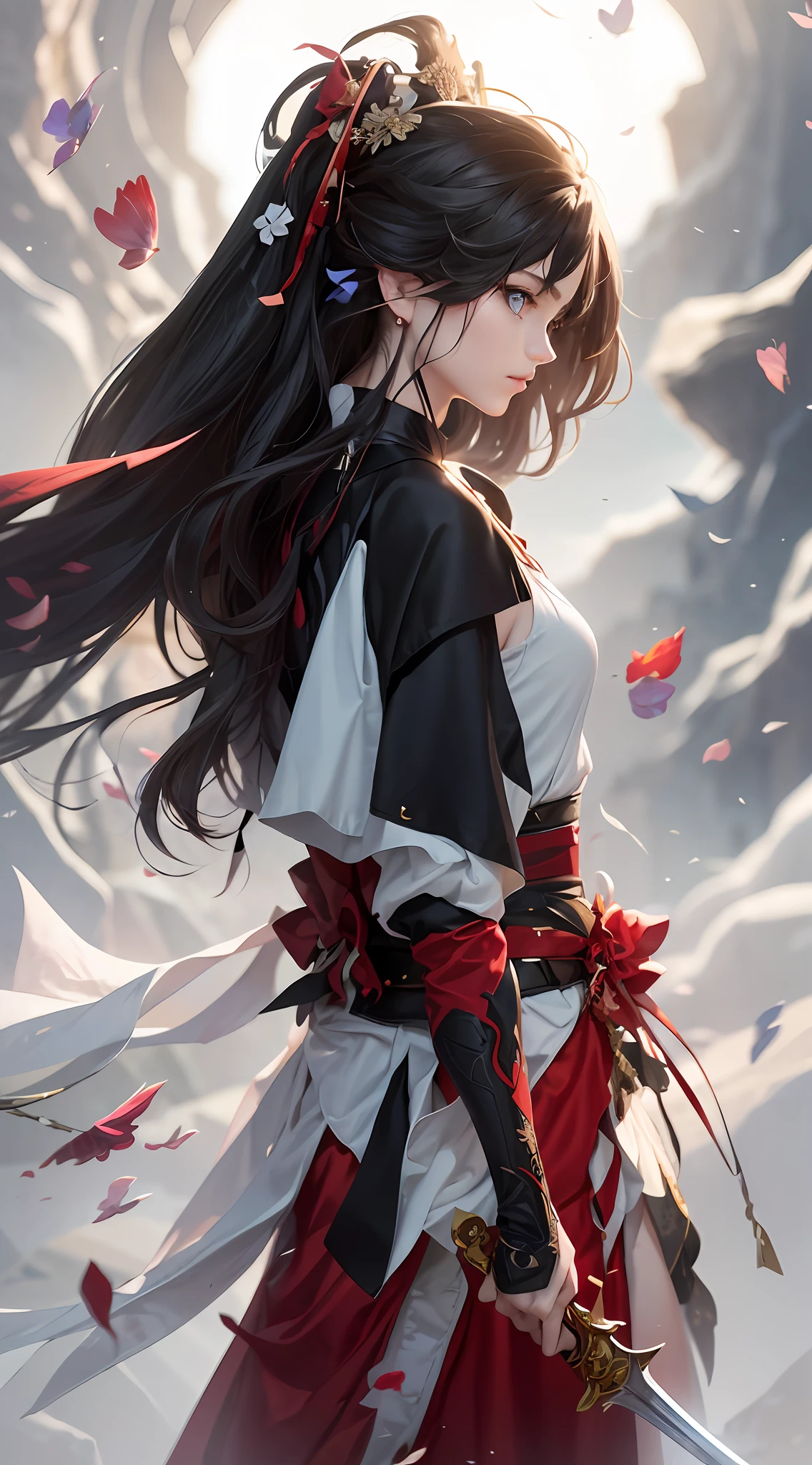 Close-up of a girl holding a sword in a red dress,ancient-style clothing,Black hair and blue eyes。The bright red skirt flutters in the wind,Gripping the hilt of the sword,Determined and determined eyes stared out of the picture。