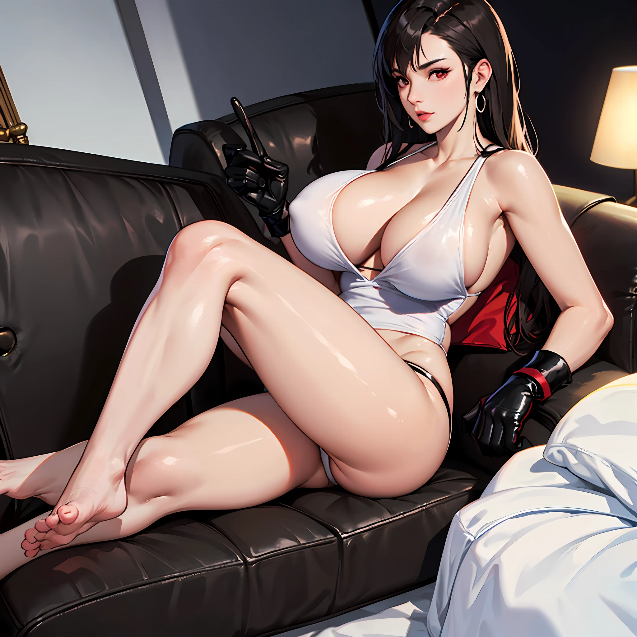 tifa lockhart,tifa_lockhart,ff7,sultry face,(Gilet blanc:1.2),black latex miniskirt,(cabelos preto e longos),Hair bangs(red color eyes:1.3) long eyelasher,beautiful red eyes with brightness,ultra-realistic realism,shadowing,stereograms,POV,atmosphric perspective,cinmatic lighting,Ray traching,8k,super detailing,best qualtiy,tmasterpiece,detail-rich,in a modern industrial apartment,red combat gloves,, slim,Bigboobs,huge boob,(((Large breasts))),(Absurd big breasts:1.9),((der riese)),((huge tit),(((huge tit)),(((gigantic cleavage breasts))),(gigantic cleavage breasts)))),Lie on your side on the sofa,spread their legs,white thong(There is a white liquid)style of anime --auto