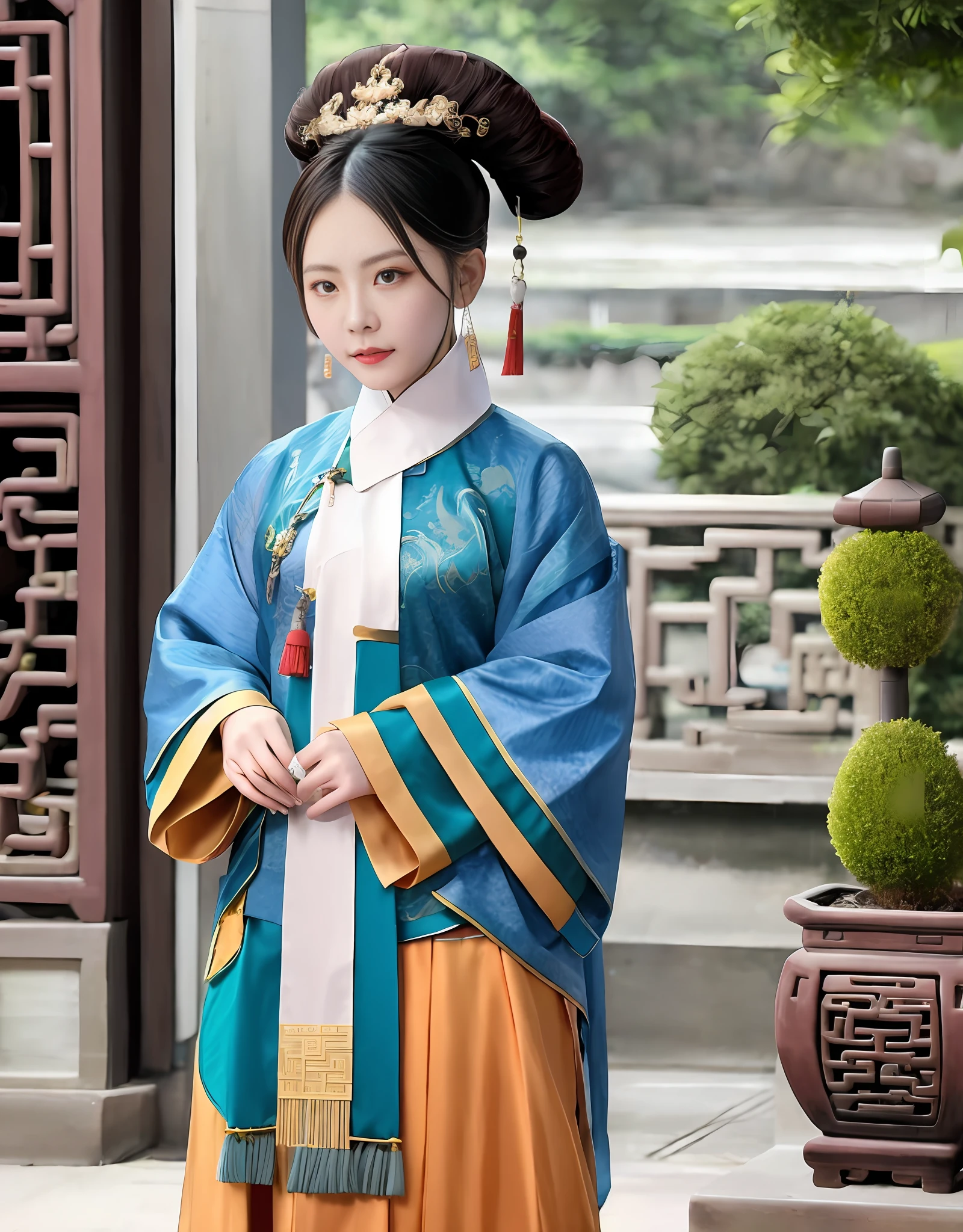 An Arad woman in a blue and orange dress stands in front of the building, Palace ， A girl in Hanfu, Wearing ancient Chinese clothes, Hanfu, with acient chinese clothes, Traditional Chinese clothing, Chinese costume, wearing ornate silk clothes, traditional tai costume, Traditional clothing, traditional garb, Princesa chinesa antiga, inspired by Gu An, Chinese traditional