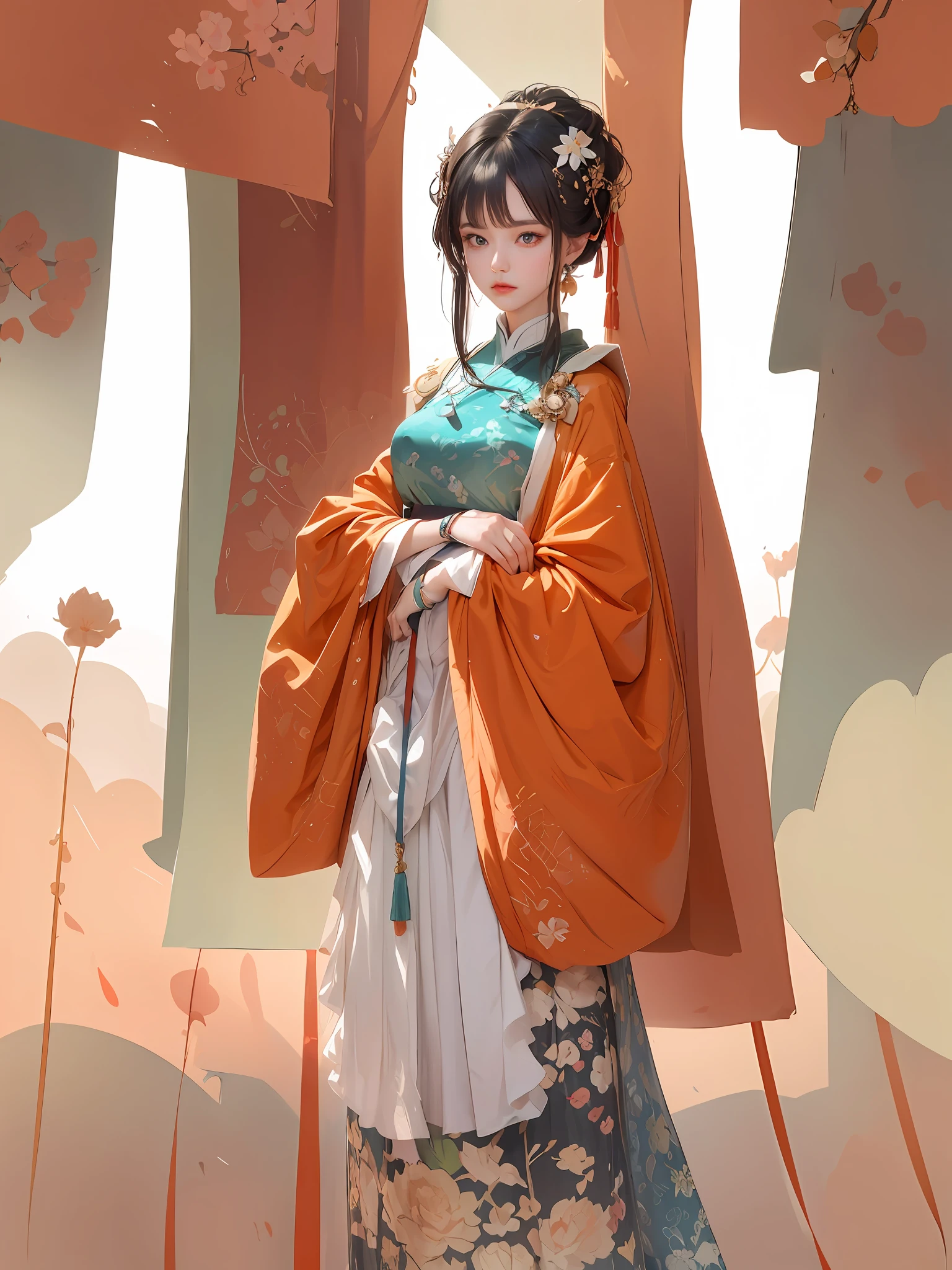 best quality, masterpiece, highres, (exquisite body:1.5),gorgeous face,(milky skin:1.3),intricate details,high resolution,wallpaper,
1girl, solo, dress, hair ornament, (((gold and red dress))), flowers, long hair, brown hair, closed mouth, jewelry, long sleeves, hand up, wide sleeves, big eyes,floating hair, chinese clothes, hanfu, embroidery, long skirt, natural pose, falling petals, indoor,fanning, lantern,
16K,HDR,highres,depth field,(film grain:1.1),boken,golden hour,(lens flare),vignette,rainbowing,(color grading:1.5)