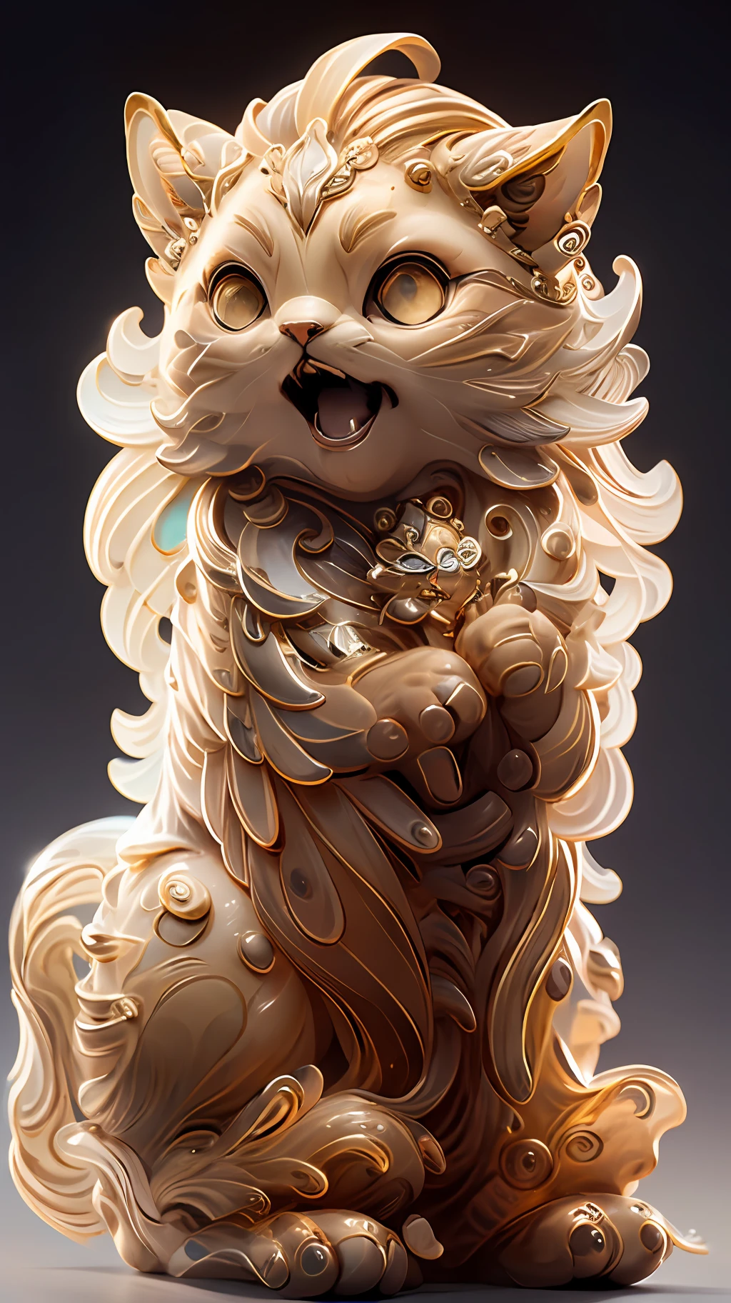 in the shape of a cat，Bling background，Dreamy colors，Transparent statue，florals，Big eyes，golden colored，Open-mouthed，laughingly，tmasterpiece，（best qualtiy：1.3）， full bodyesbian，Ling_Long