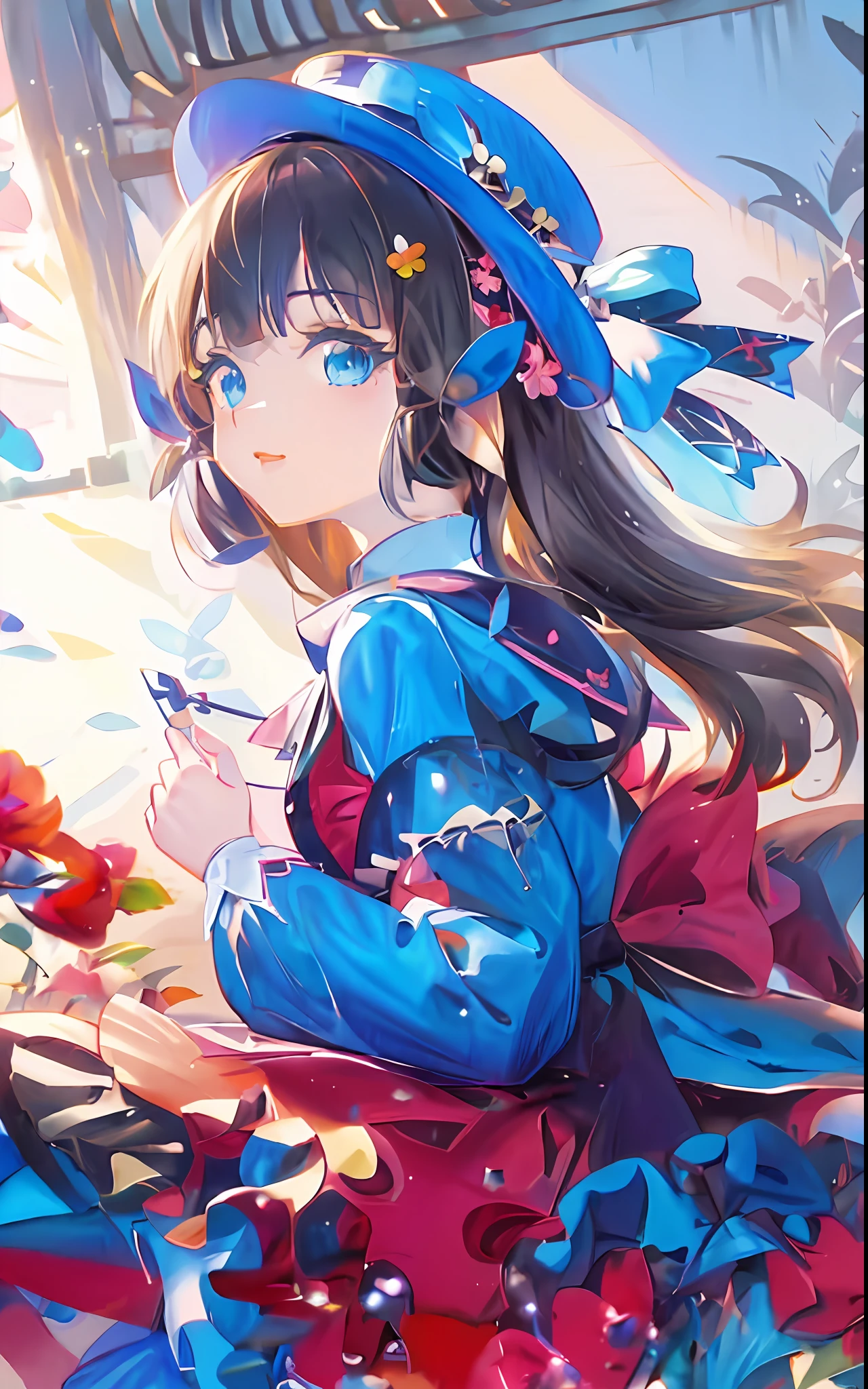 Anime girl sitting on table in hat and blue dress, cute anime waifu in a nice dress, Anime art wallpaper 8 K, Splash art anime , Anime art wallpaper 4 K, Anime art wallpaper 4k, lolidress, style of anime4 K, anime moe art style, a beautiful anime portrait, Digital art on Pixiv, Anime art
