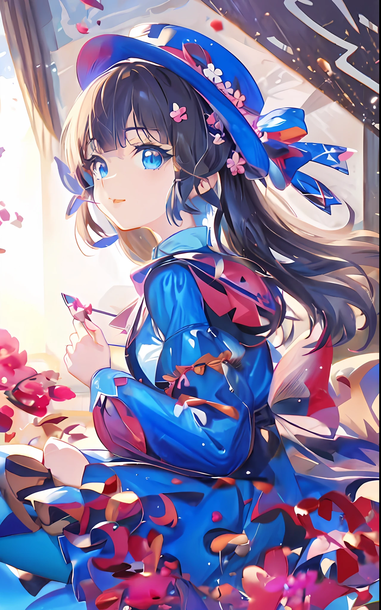 Anime girl sitting on table in hat and blue dress, cute anime waifu in a nice dress, Anime art wallpaper 8 K, Splash art anime Loli, Anime art wallpaper 4 K, Anime art wallpaper 4k, loli in dress, style of anime4 K, anime moe art style, a beautiful anime portrait, Digital art on Pixiv, Anime art