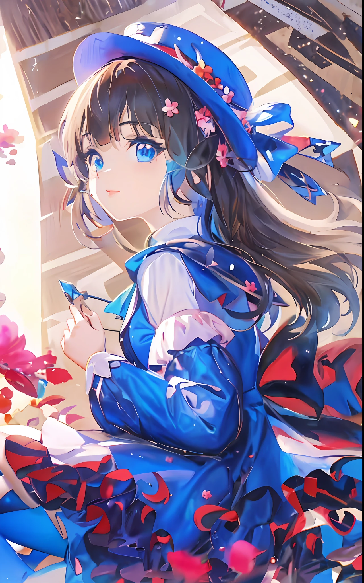 Anime girl sitting on table in hat and blue dress, cute anime waifu in a nice dress, Anime art wallpaper 8 K, Splash art anime , Anime art wallpaper 4 K, Anime art wallpaper 4k, lolidress, style of anime4 K, anime moe art style, a beautiful anime portrait, Digital art on Pixiv, Anime art