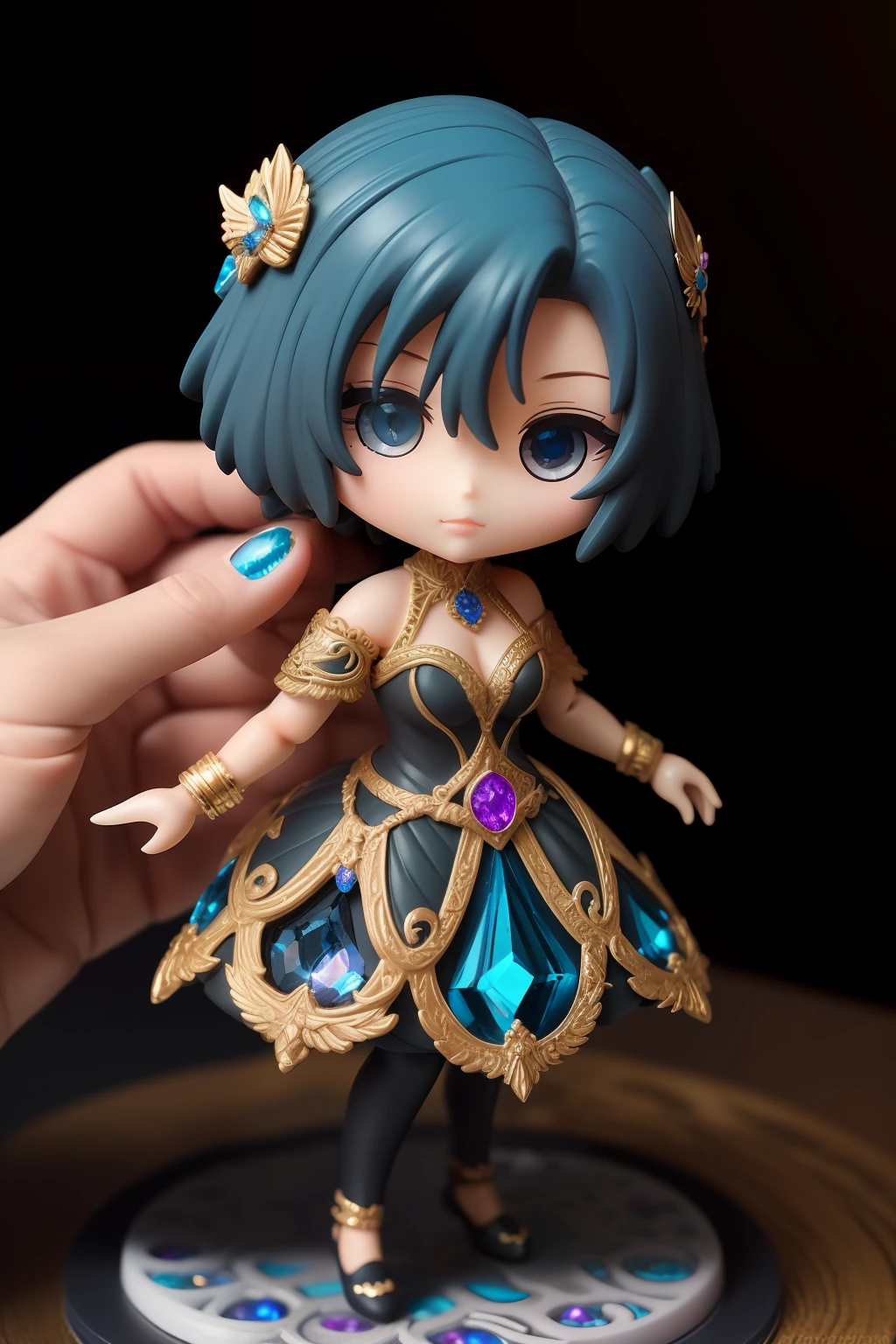(stunning blind box figurine), chibi, ultra-realistic, vibrant colors, dynamic posing, intricate details, (varied expressions:1.2), delicate texture enhancements, (mysterious lighting:1.2), (glowing eyes:1.2), unique and imaginative setting, chiaroscuro, floating in mid-air, (embellished with precious stones:1.3), flawless craftsmanship