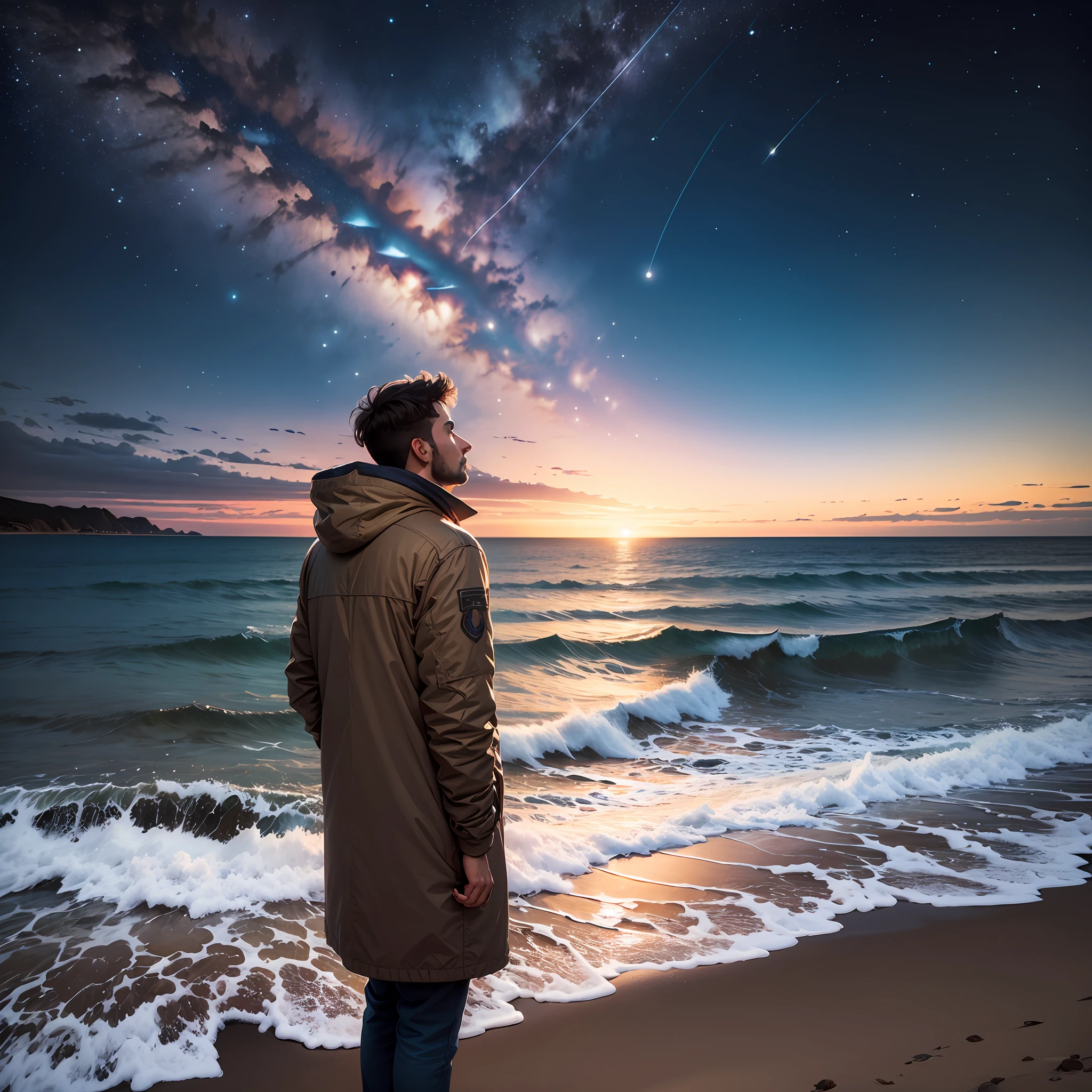 A man stands by the sea and looks up at the stars --auto