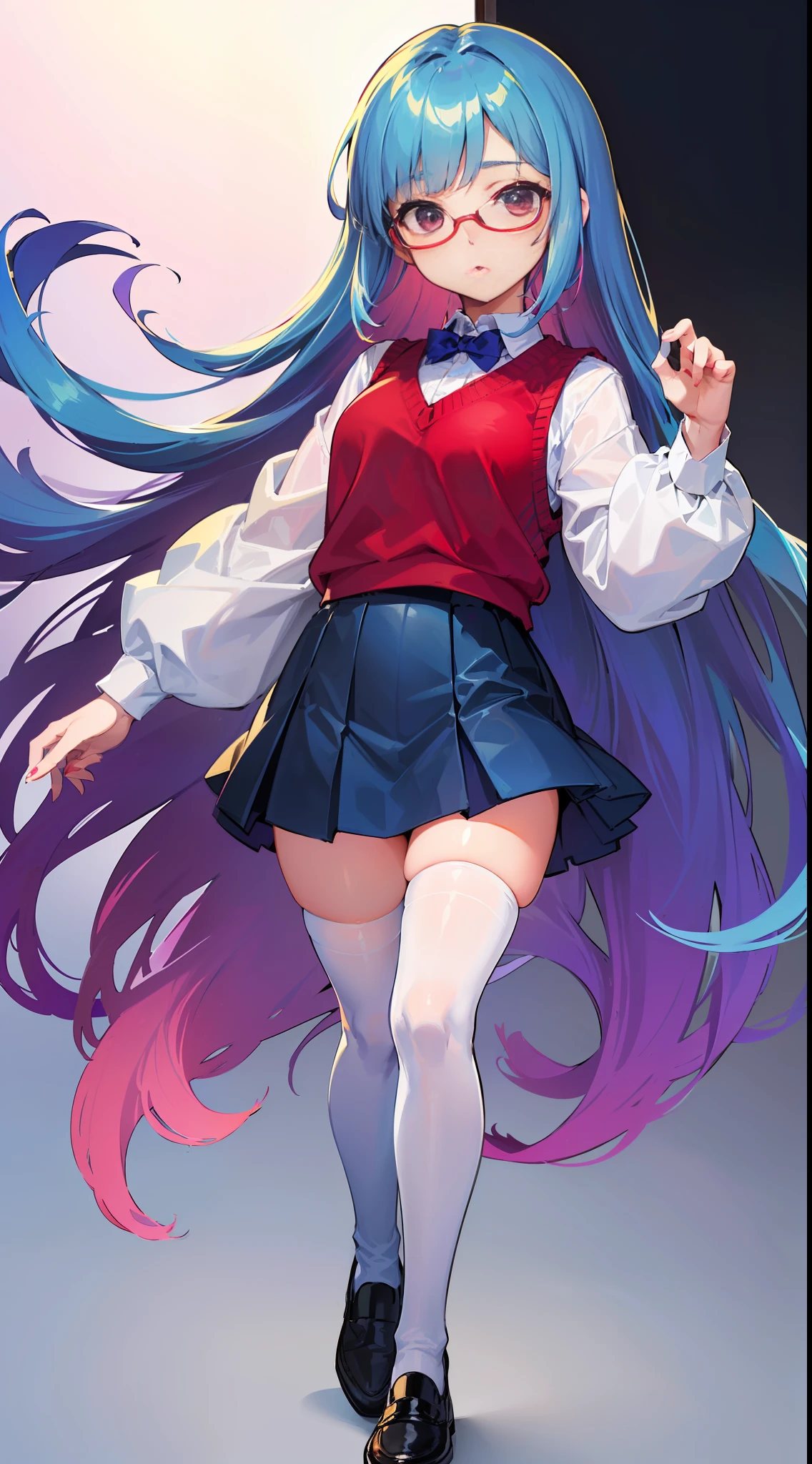 (s girl,人物,校服,Gradient Long Hair+lightblue hair+purple hair ends+Red Half-rimmed Glasses+Purple eye:1.2,Blue sweater vest+White color blouse,pleatedskirt,uniform leather shoes+White knee-length stockings, Expressions are confident and static)