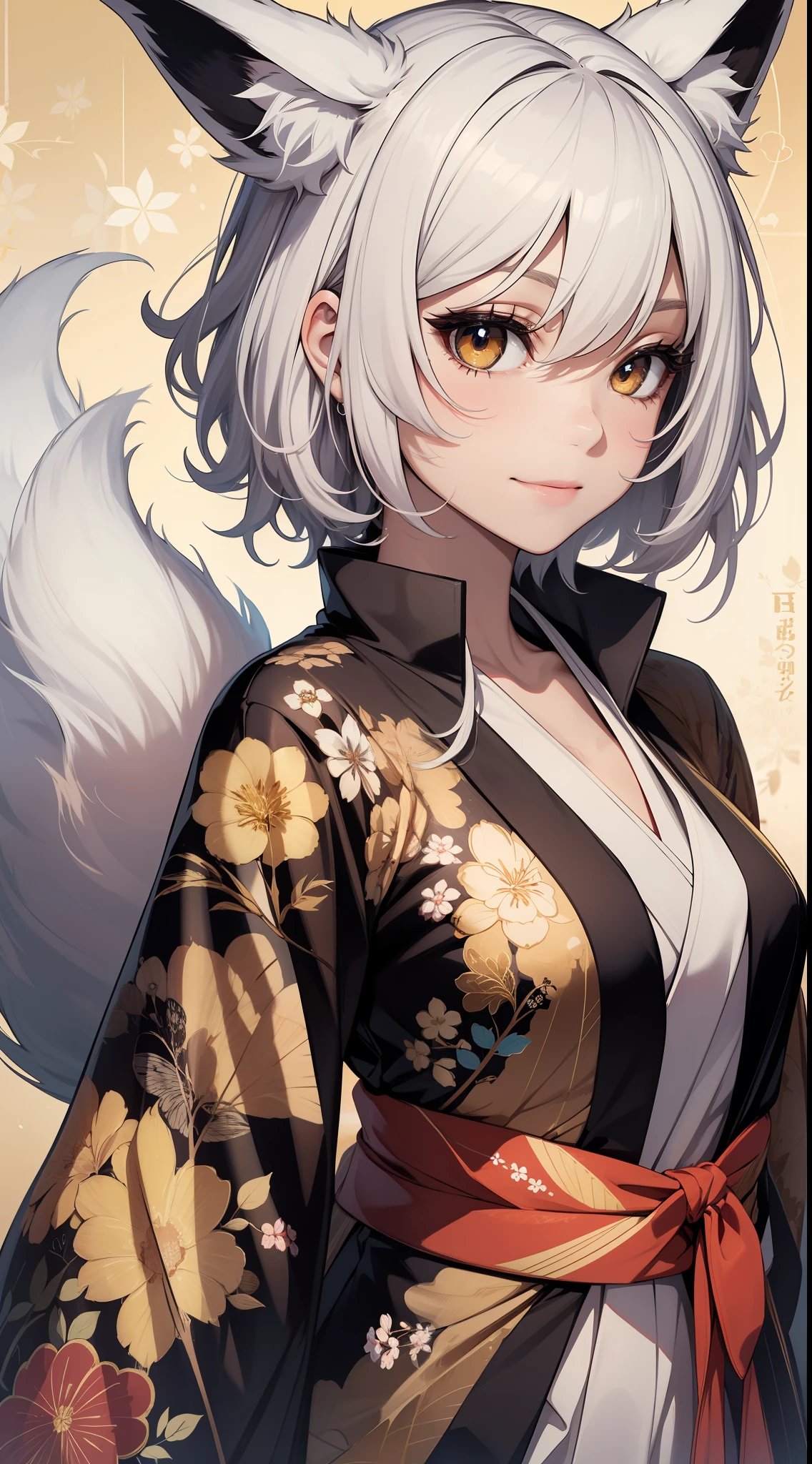 Adult woman, short white hair, Fox ears, Fox tails, golden eyes, black whites of the eyes, kimono, ssmile, Masterpiece, hiquality