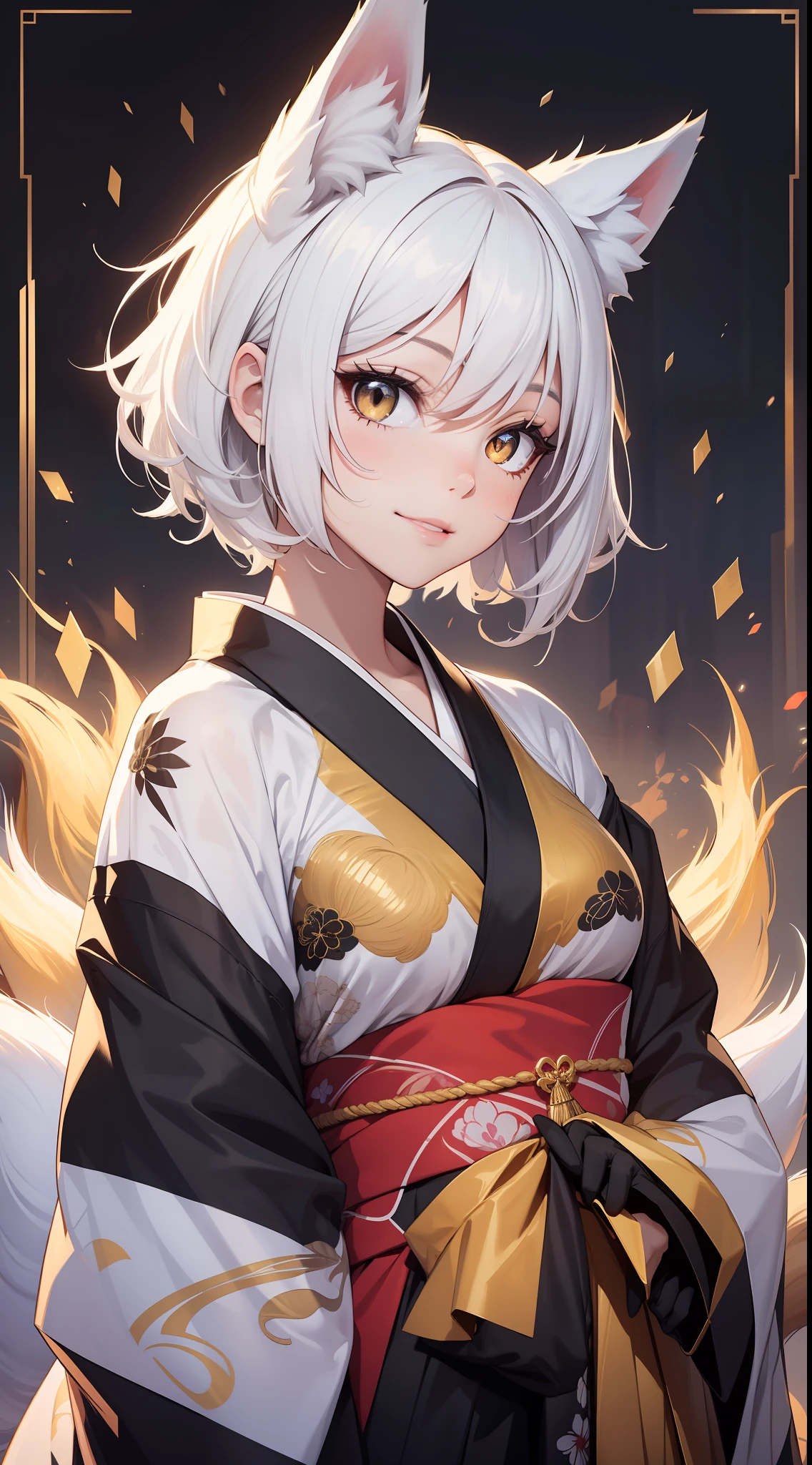 Adult woman, short white hair, Fox ears, Fox tails, golden eyes, black whites of the eyes, kimono, ssmile, Masterpiece, hiquality