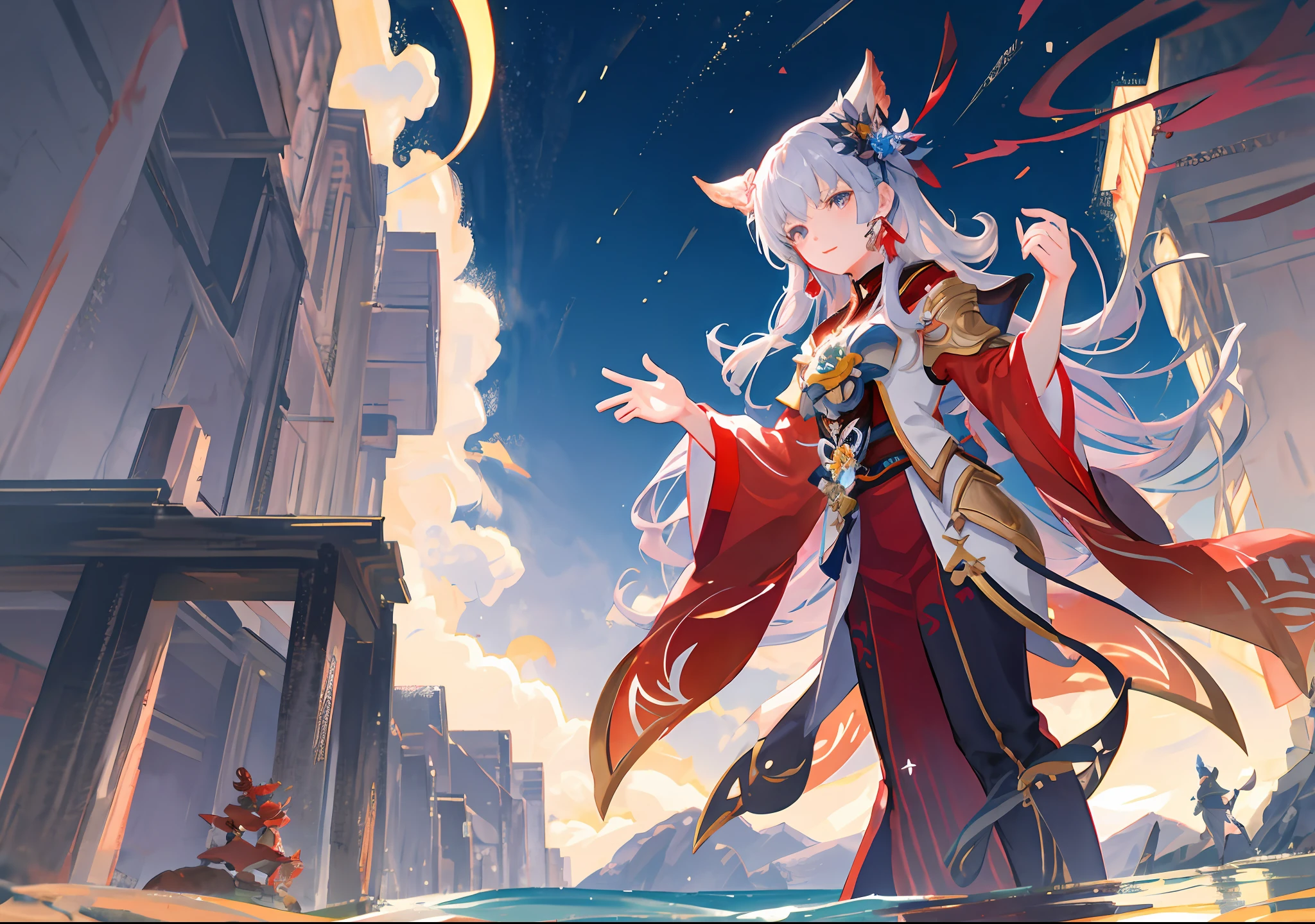 Close-up of a person standing on a rock near a body of water, final fantasy 14 style, Ayaka Genshin impact, Keqing from Genshin Impact, lunar themed attire, silver armor and red clothing, Genshin impact's character, ayaka game genshin impact, White and red armor