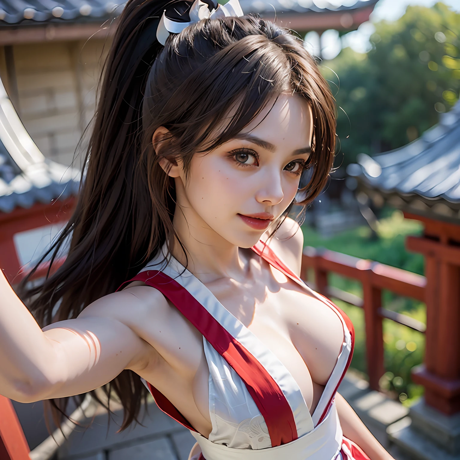 shiranui mai, brown eyes, long hair, brown hair, white ribbon, sleeveless, ponytail, sash, pelvic curtain, arm guards, gloves, tabi, seductive expression, sexy eyes, medium breasts, smile, cute, looking at viewer, long hair, near a Japan temple, (breast focus:1.2), (realistic:1.2), (far view: 1.2), (realism), (masterpiece:1.2), (best quality), (ultra detailed), (8k, 4k, intricate), (cowboy shot:1.5), (85mm), light particles, lighting, (highly detailed:1.2), (detailed face:1.2), (gradients), sfw, colorful, (detailed eyes:1.2), (detailed Japan temples: 1.2),(detailed background), (dynamic angle:1.2), (dynamic pose:1.2), (Line of action:1.2), wide shot, daylight, solo.