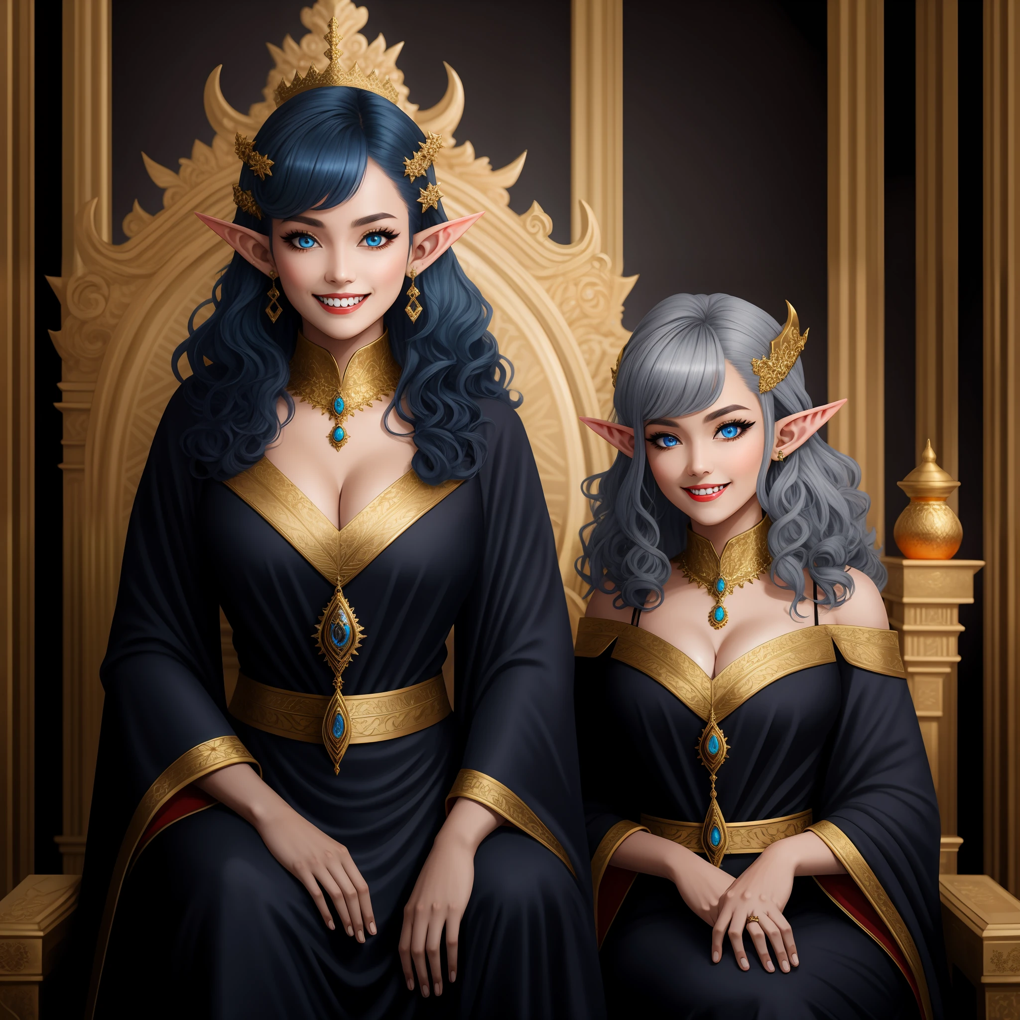 Alien woman, beautiful, large breasts, perfect body, dark grey skin, blue hair, curly hair, gold jewelry, elf ears, black sclera blue iris eyes, regal royal robes, sitting on throne, portrait pose, smiling, sharp teeth