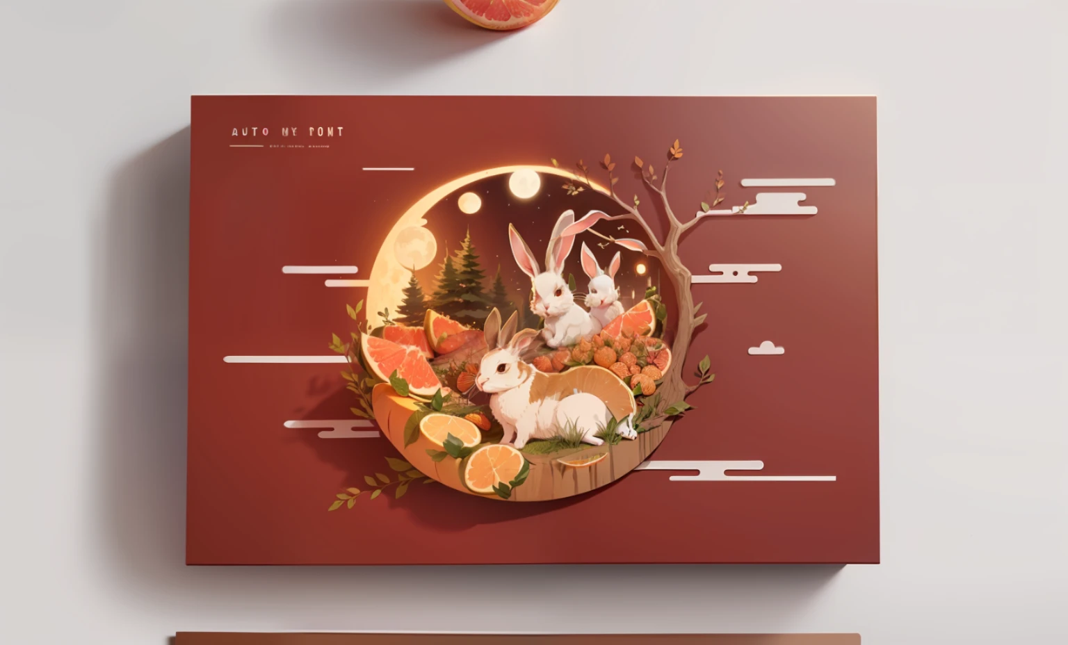 The style of paper cutting, Rabbit lying on grapefruit, Big tree on the side, and full moon with extremely high detail 2d illustration --auto