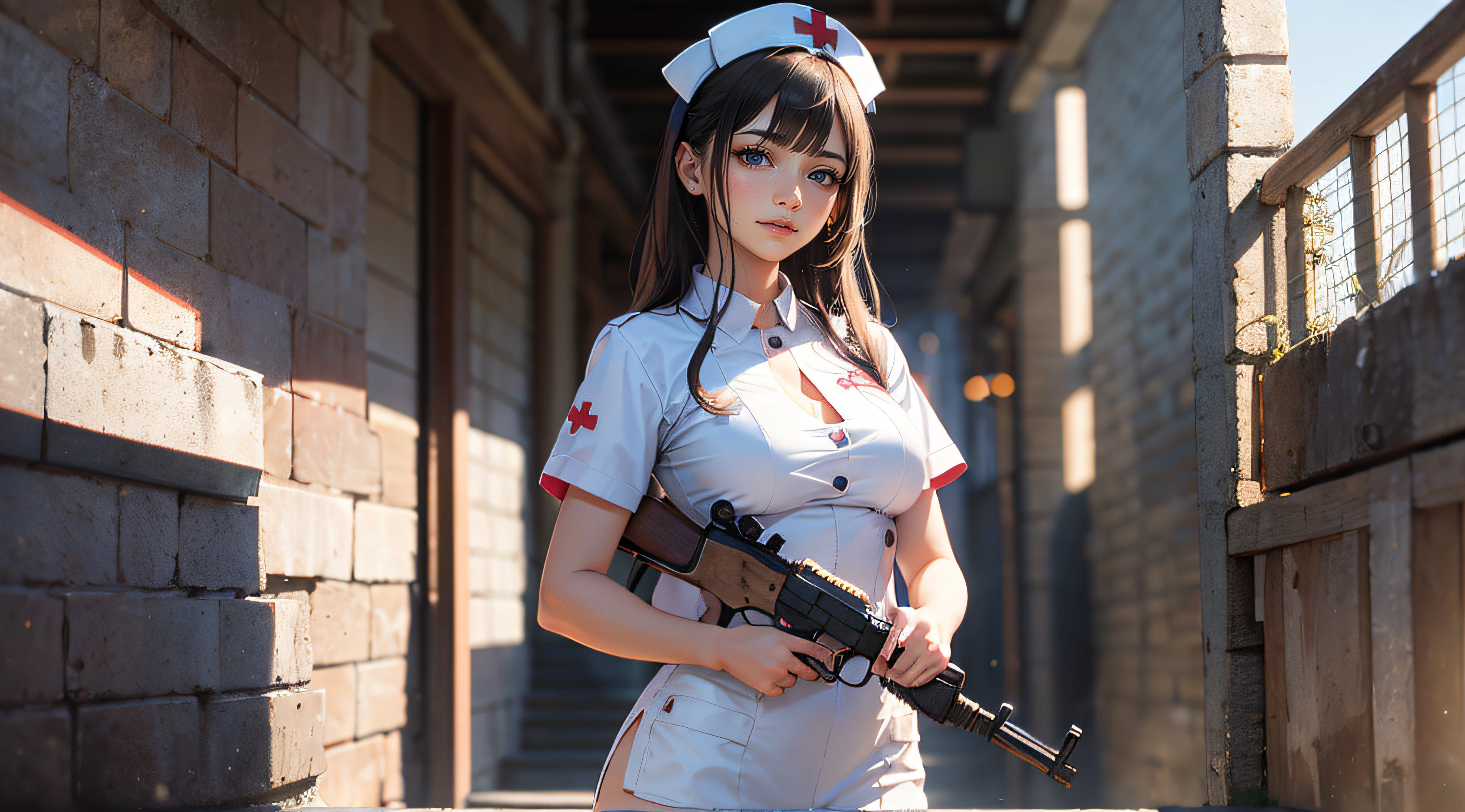 A stunning photograph of a girl in revealing nurse outfit, beautiful eyes, detailed eyes, ((small breast)), holding ak-47, standing in hospital, captured in a naturalistic style by photographers Sam Yang and Ross Tran. The scene is highly-detailed, with intricate textures on the lady's clothing and sharp focus on the surrounding buildings. The lighting is bright and optimistic, with the sunlight creating a warm glow and a sense of hope and positivity,