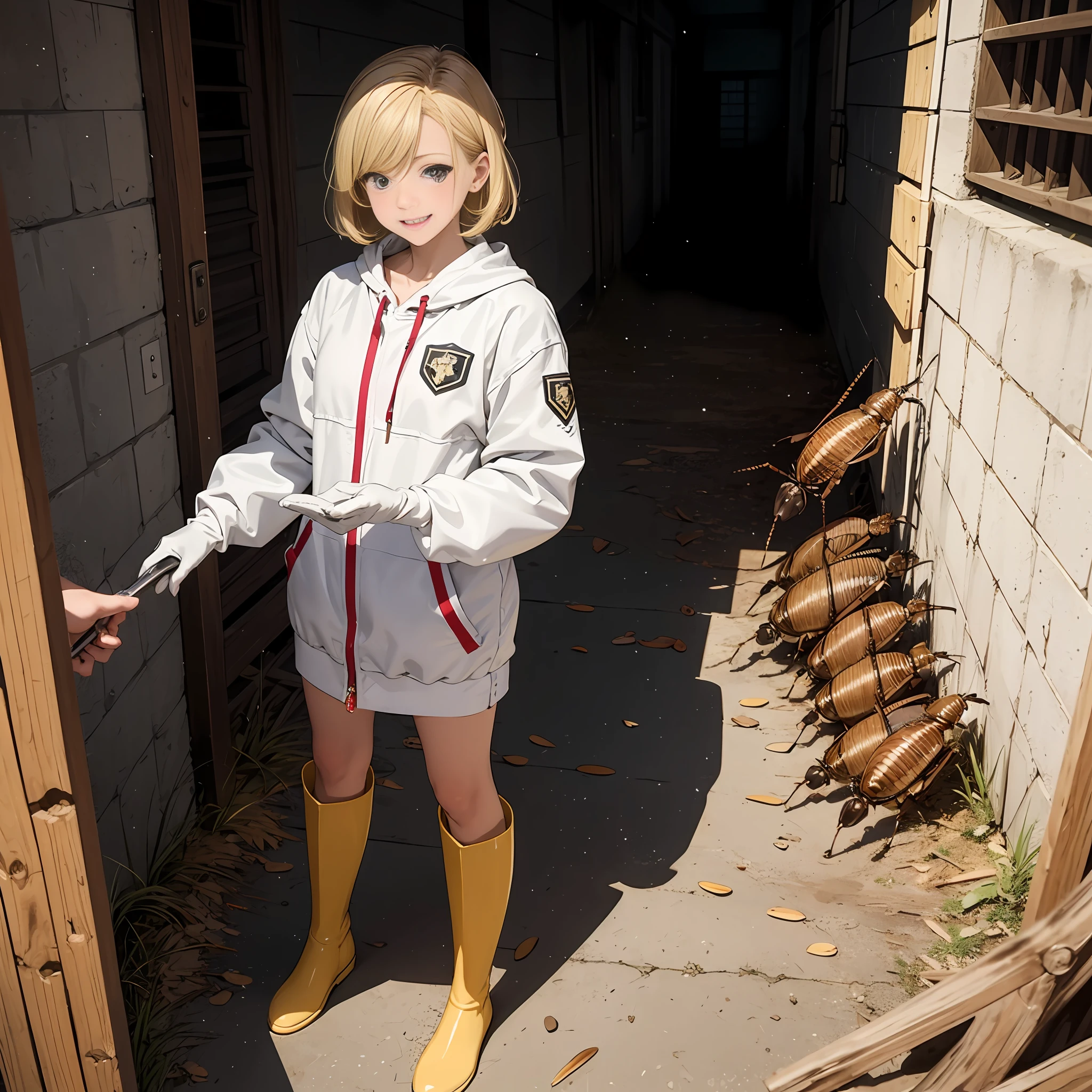 (masutepiece),Best Quality, Ultra-detailed,Beautiful blonde beautiful girl,White protective clothing、white rubber boots、White rubber gloves,A large amount of small cockroaches on the ground、 Small cockroaches filling the ground,Fighting cockroaches、Get rid of cockroaches、Crushed cockroaches、Splashing cockroach fluids、Standing and trampling、Joyful expression、Look up here、[ 🐛Trampling：1.2]:0.3.