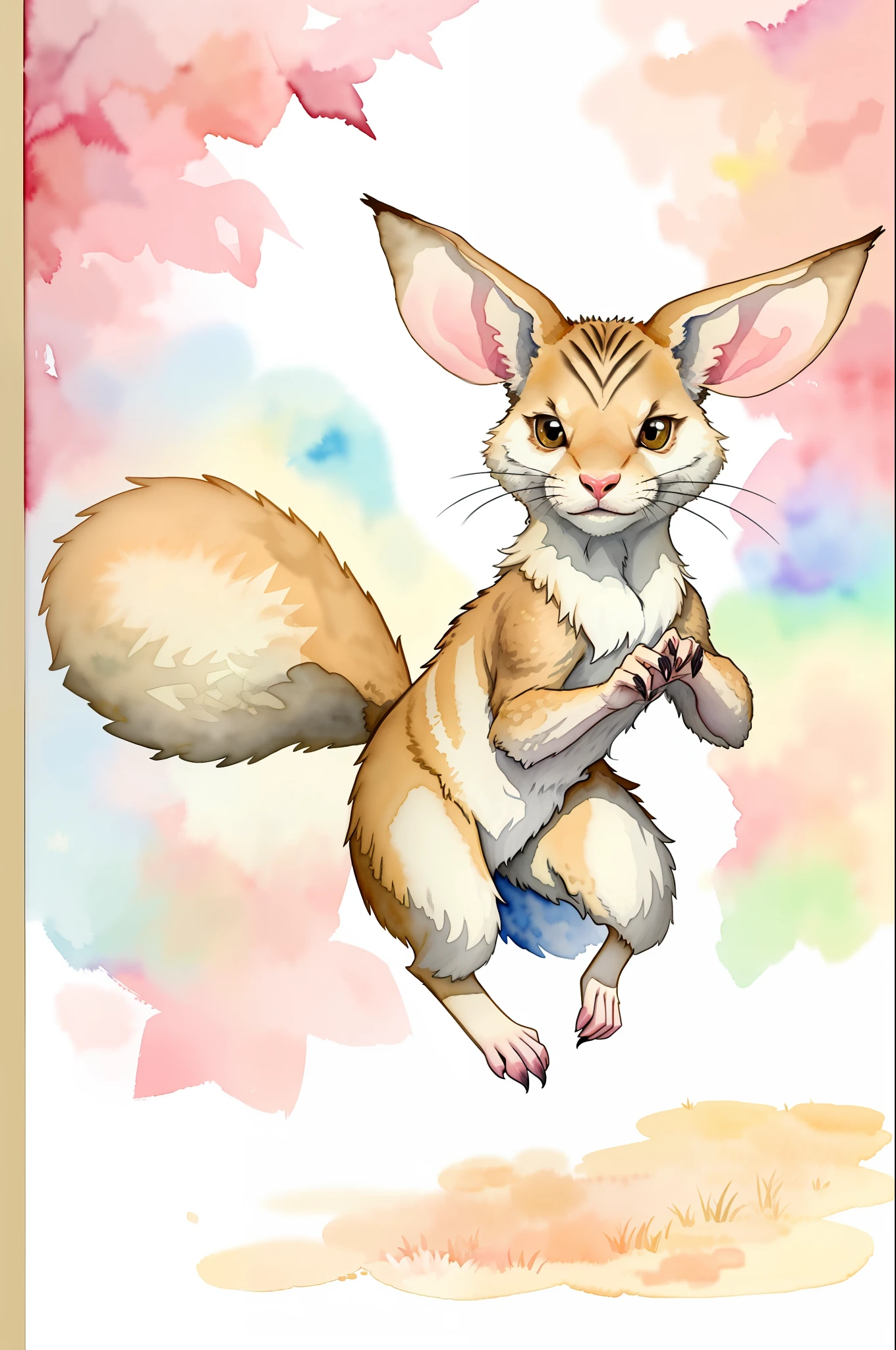 Alabaster Jerboa, pale tan fur, long tail ending in fluff, big jerboa ears, hopping around, masterpiece, best quality, (in watercolor painting style)