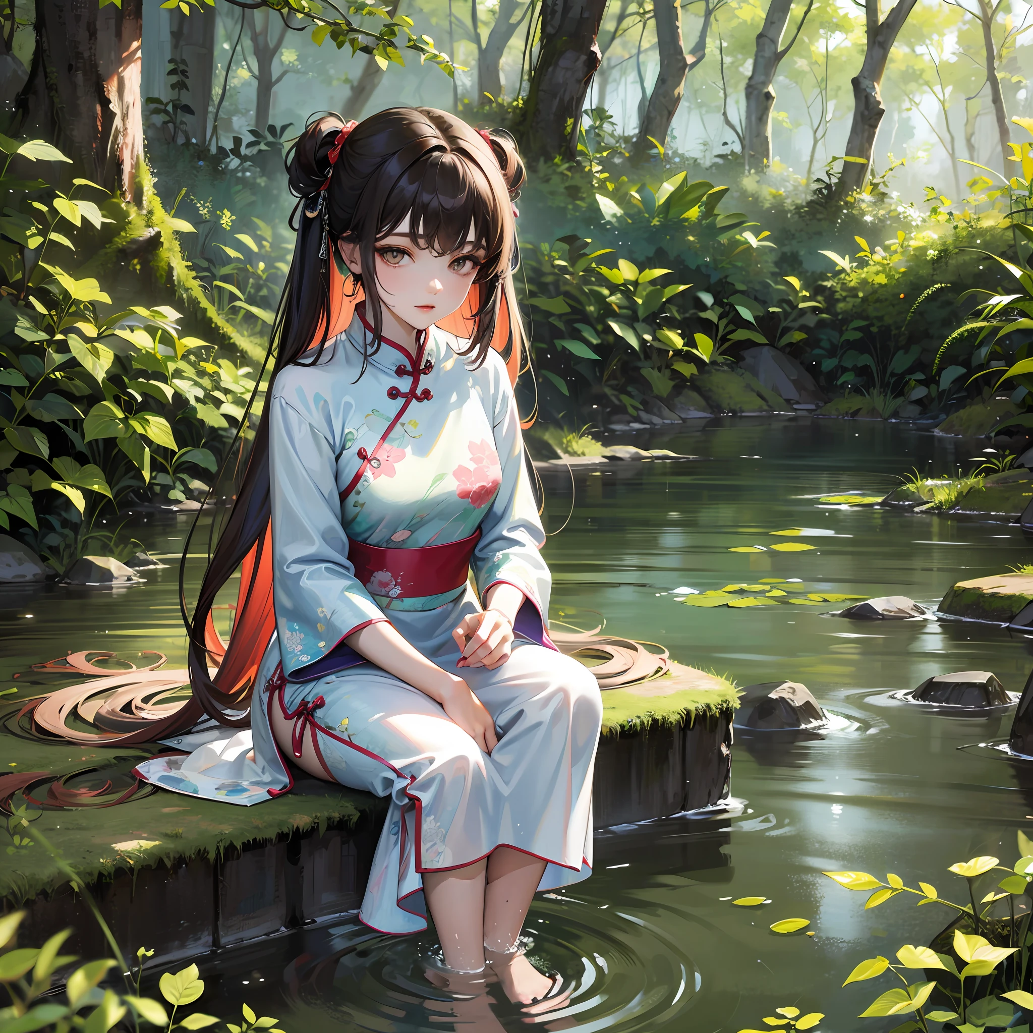 Beautiful woman washing feet in cheongsam,Dense forest,Small Waterhole --auto